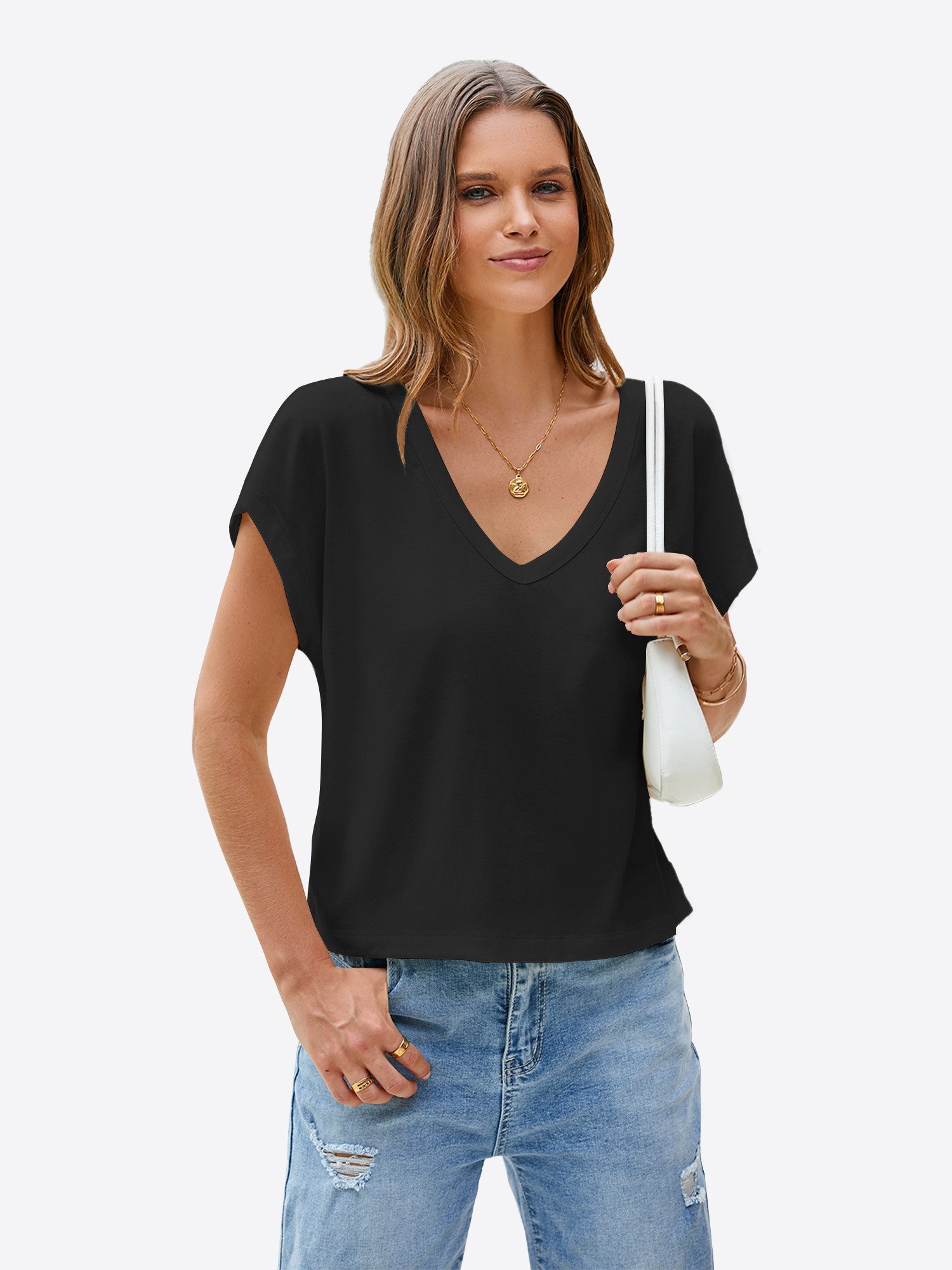 Imily Bela T-Shirt Damen Cropped Tiefer V-Ausschnitt Kurzarm Sommer Casual Basic (Packung, 1-tlg., 1per-Pack) mit Fledermausärmel Locker
