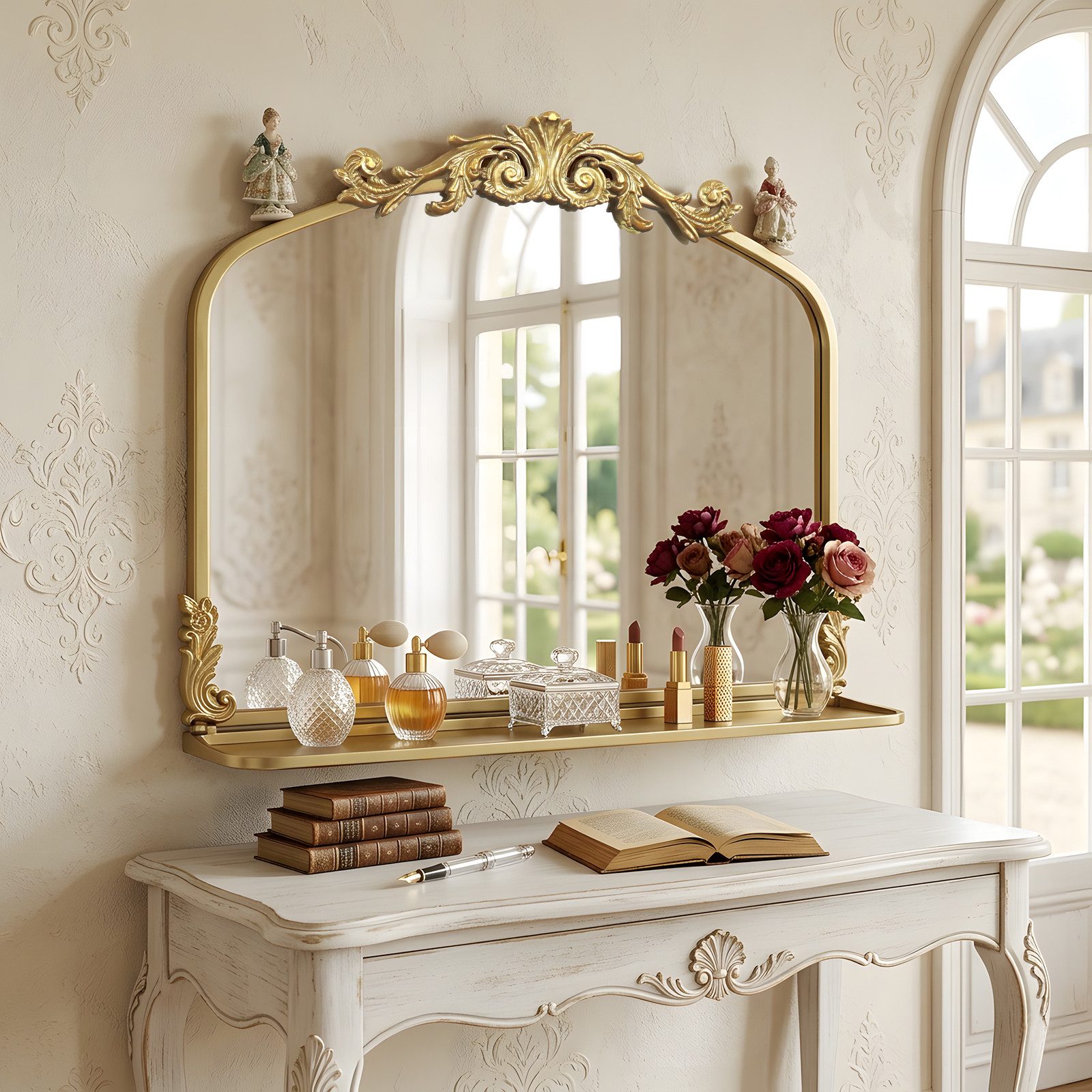 G-LEAF Wandspiegel Gold Barock Spiegel im Bogenform, mit Ablage (1-St), mit Relief-Krone, Antik-Stil Metallspiegel für Badezimmer, Flur