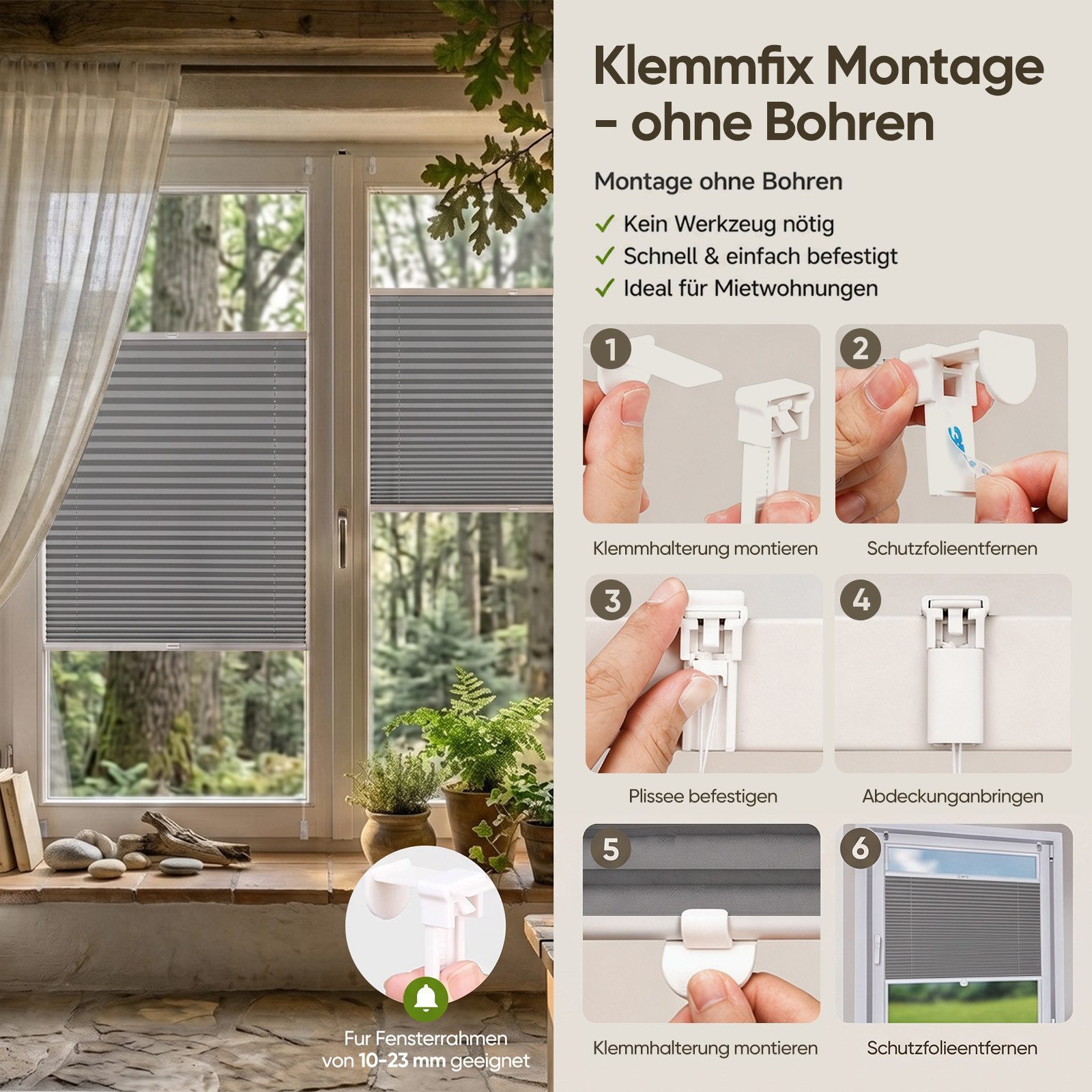 Sekey Plissee Plissee ohne Bohren Klemmfix verspannt für Fenster & Tür Lichtschutz, blickdicht, Klemmfix Montage ohne Bohren, Klemmfix, Faltenstore Klemmfix Lic – Bild 3 von 5