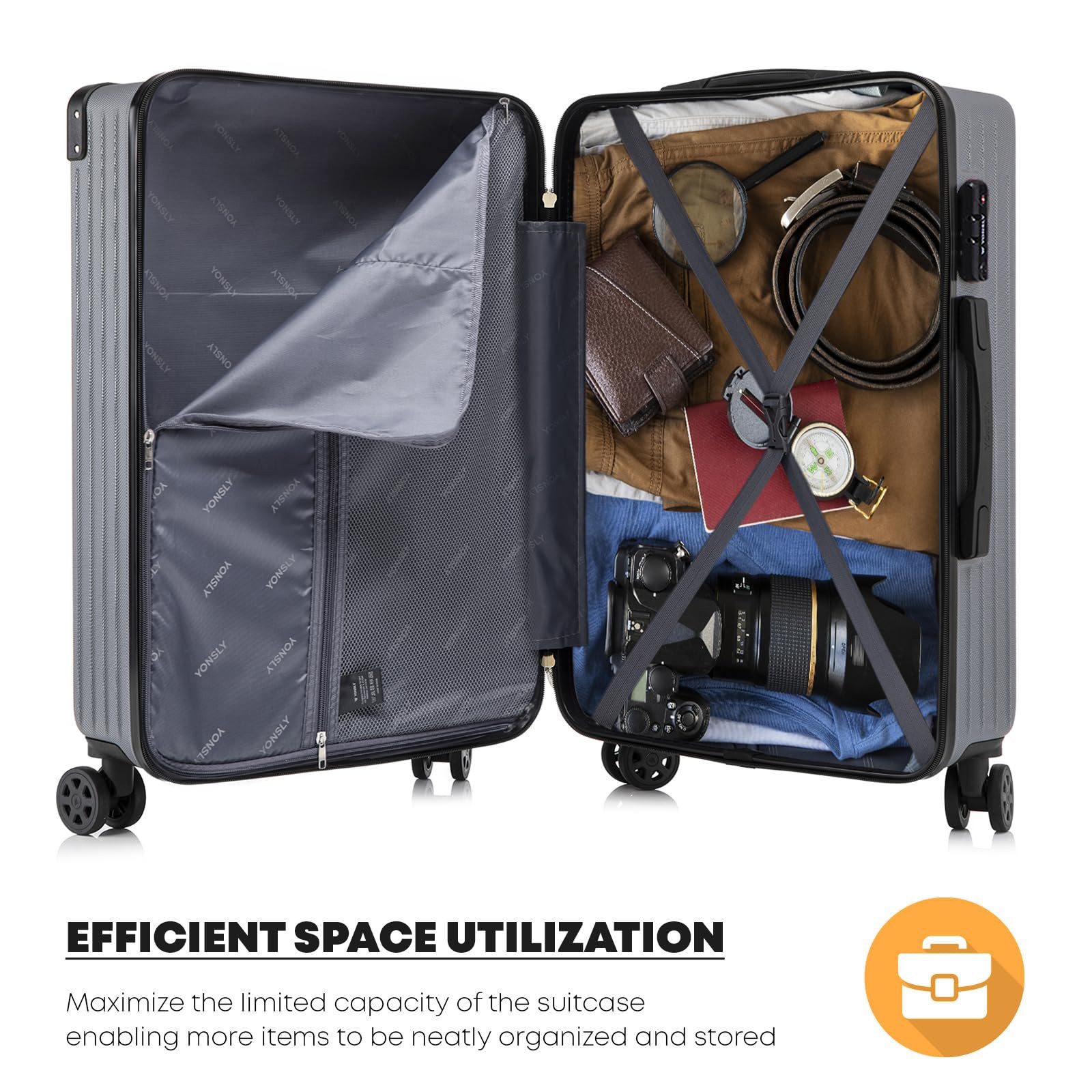 YONSLY Hartschalen-Trolley Premium Reisekoffer Hartschalen-Trolley Kabinenkoffer, 4 Rollen, TSA-Schloss, YKK-Reißverschluss, austauschbare Rollen und Griffe