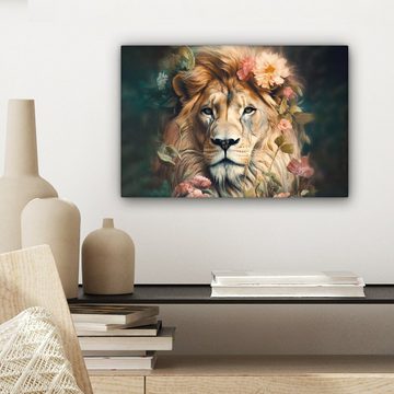 OneMillionCanvasses® Leinwandbild Löwe - Löwenkopf - Wilde Tiere - Blumen, (1 St), Wandbild Leinwandbilder, Aufhängefertig, Wanddeko, 30x20 cm