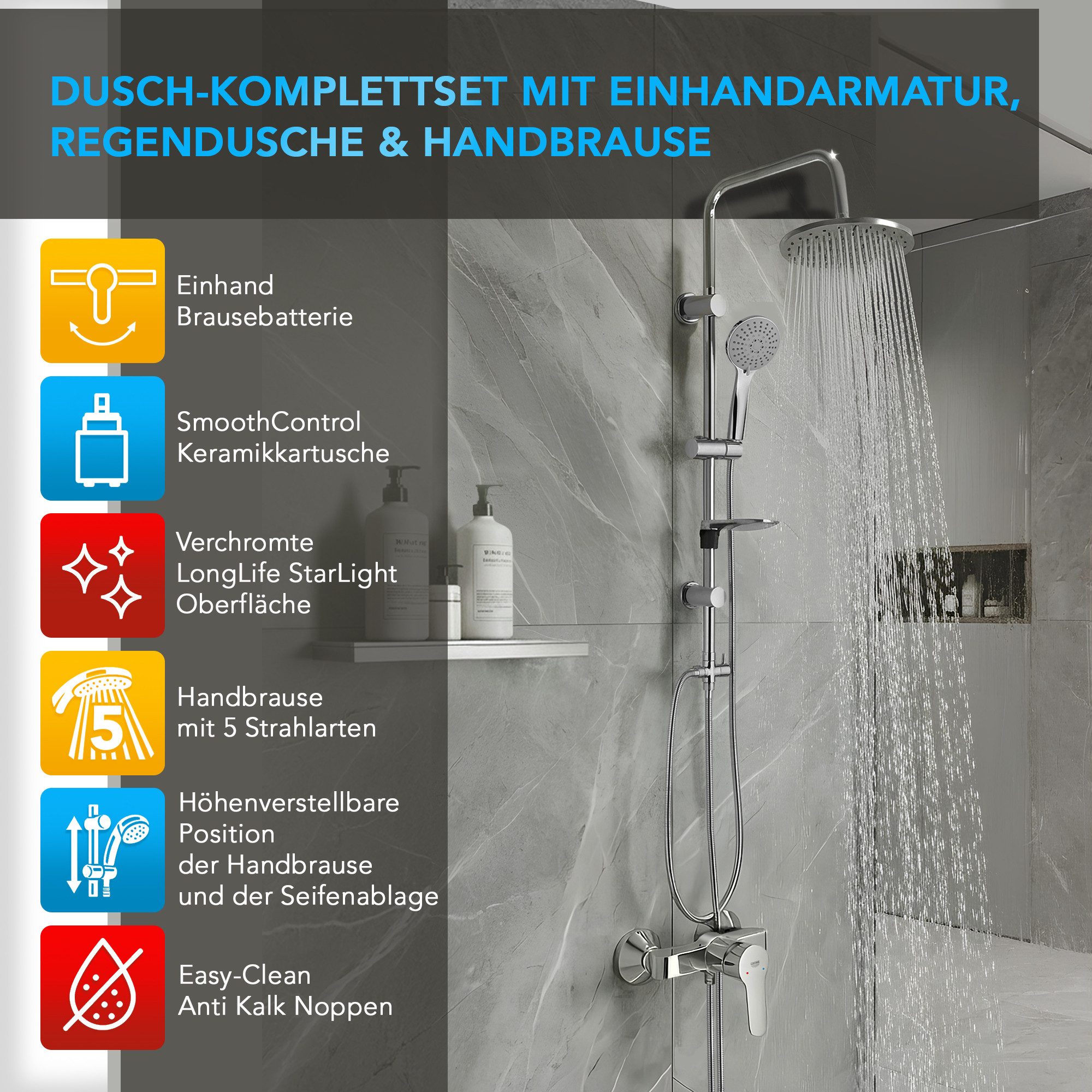 Grohe Duscharmatur BauEdge Mischbatterie Set mit Aloni Handbrause und Regendusche Chrom (Spar-Set) Chrom Duschset mit 1,5m Schlauch & Seifenhalter, mit Regendusche