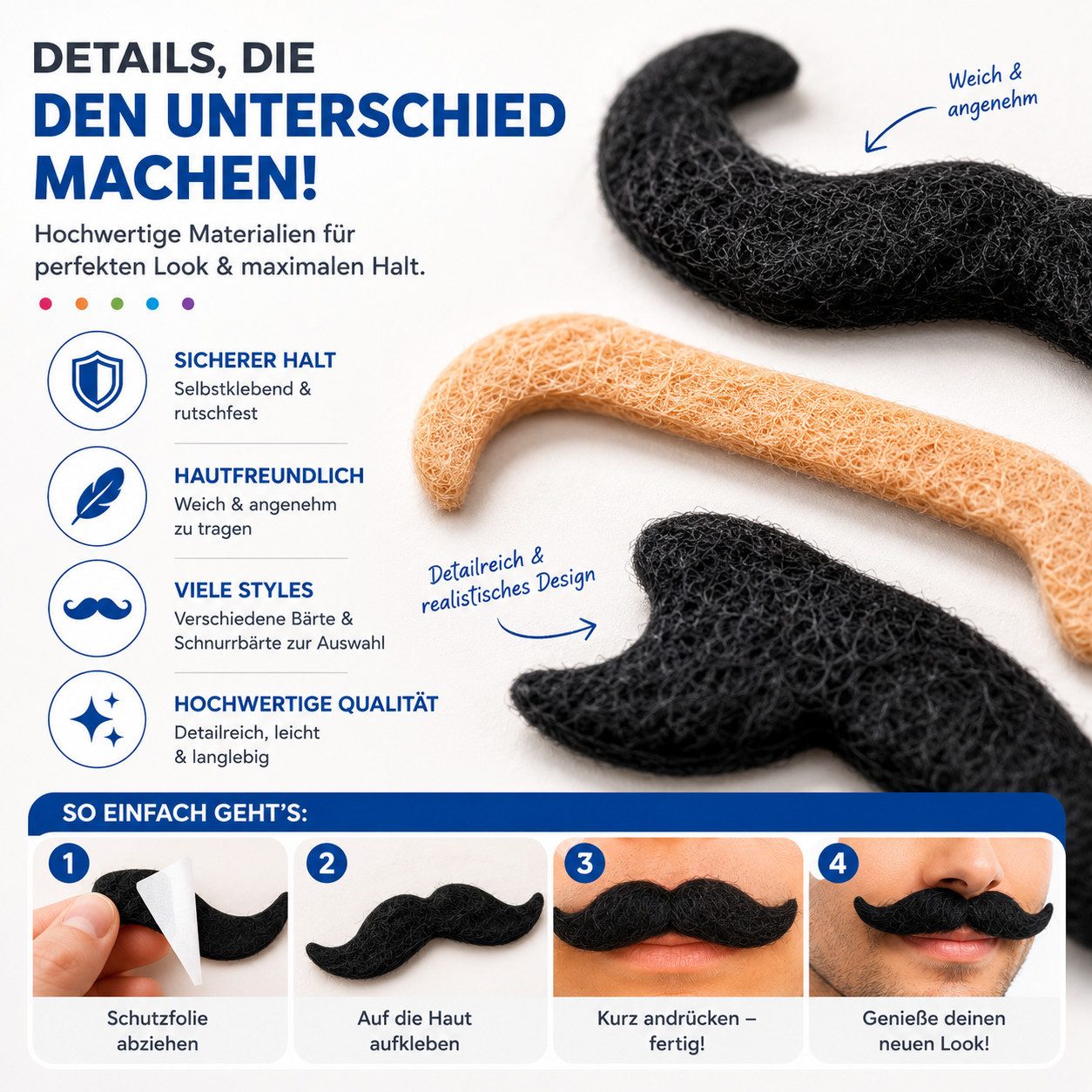 Kostümheld® Kostüm 36x Selbstklebend Bärte mit div. Schnurrbart zum Ankleben - Fake Bart