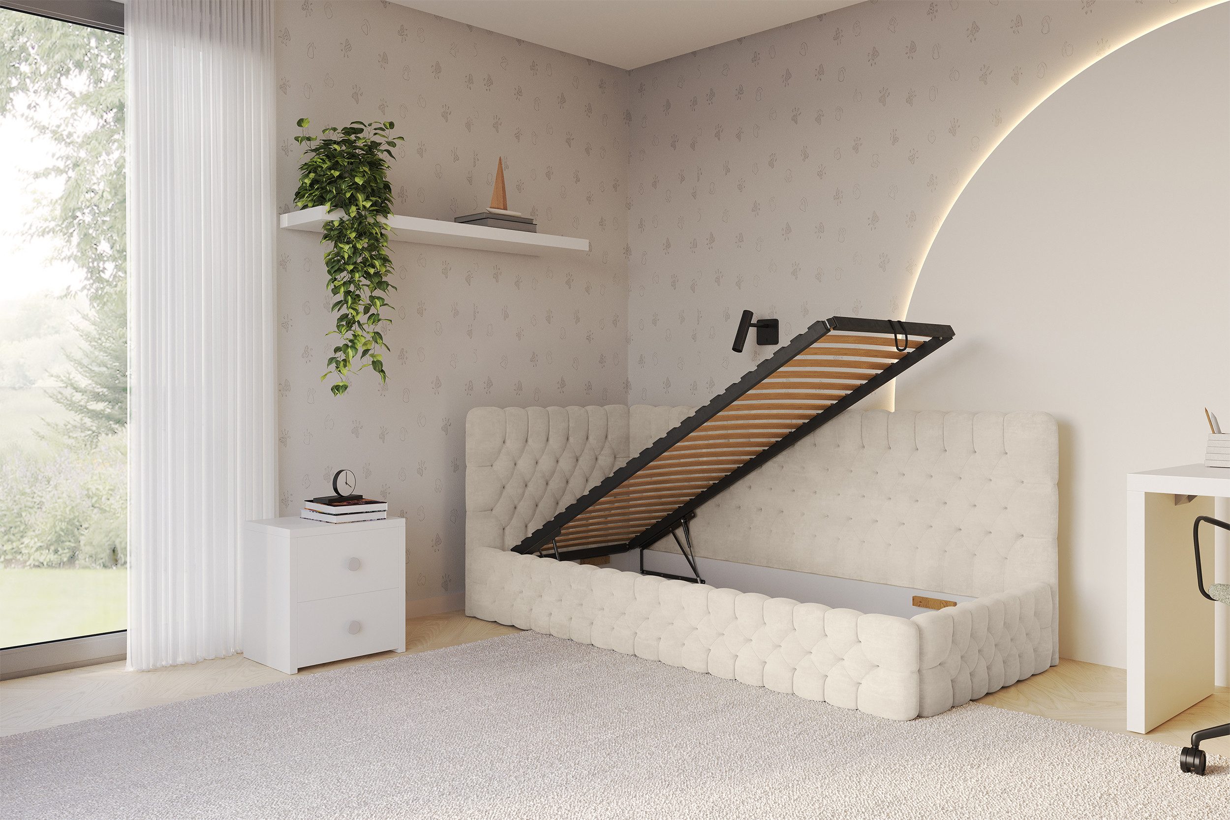 ALTDECOR Jugendbett MULY (Jugendbett mit Bettkasten und Lattenrost, Polsterbett ohne Matratze), Einzelbett mit Stauraum, Bett mit Kopfteil