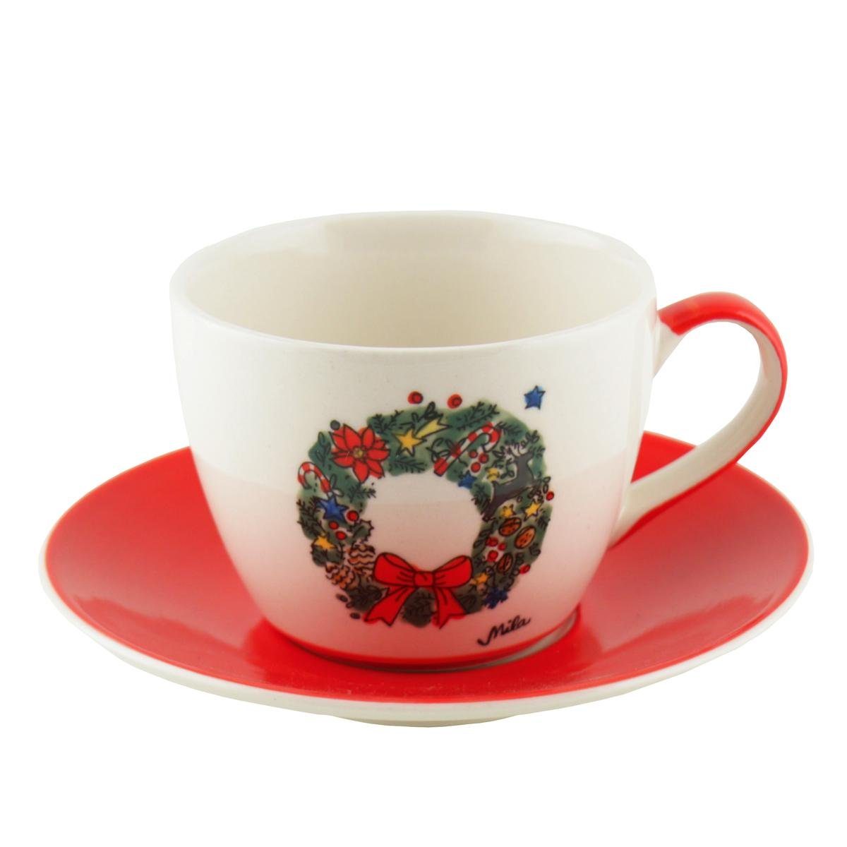Keramik-Cappuccino-Tasse Keramik Cappuccinotasse Mila Weihnachtskranz, mit Mila Untere