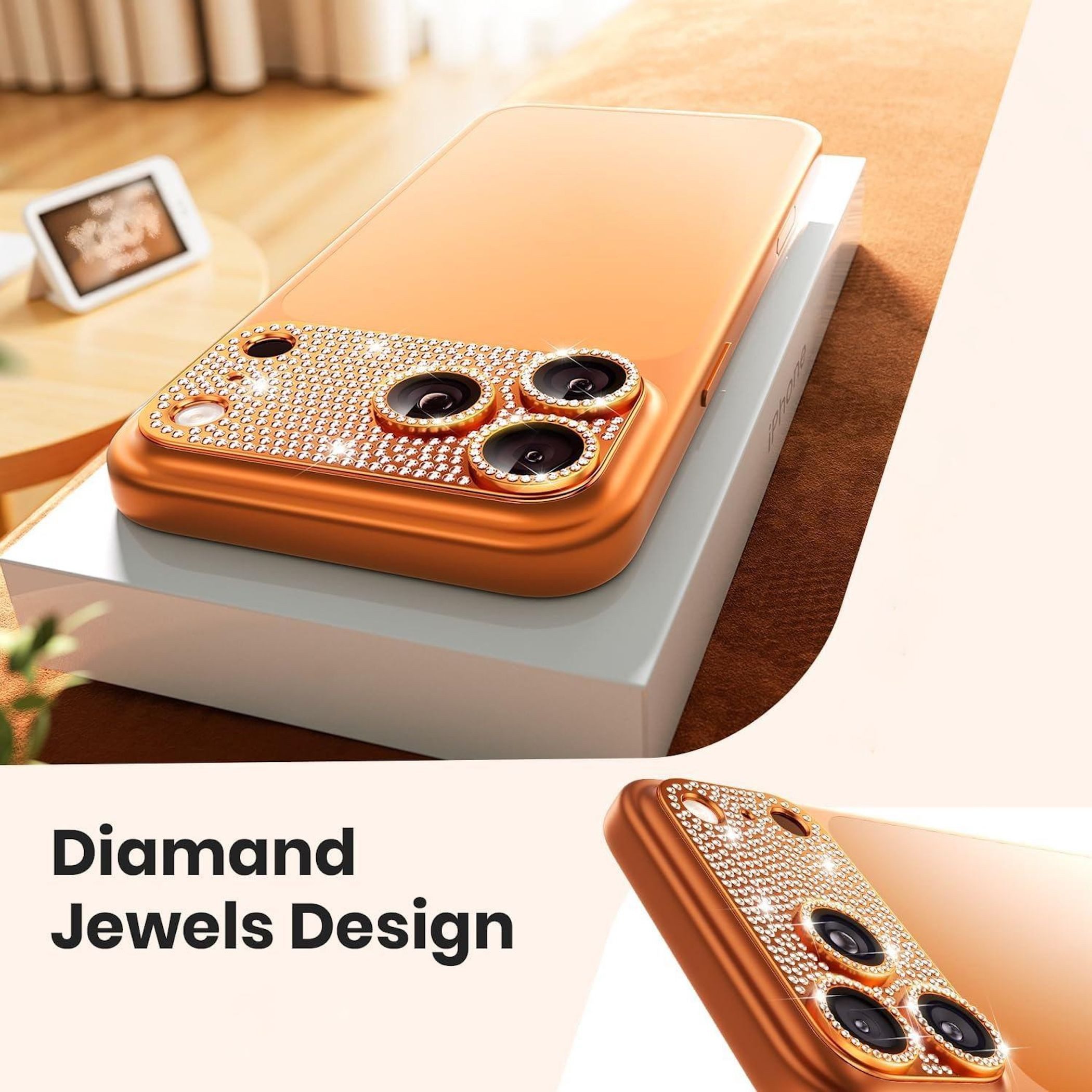Wigento Handyhülle Für Apple iPhone 17 Pro Kamera Diamant Design Schutz Metall Orange, Aluminiumlegierung, hohe Lichtdurchlässigkeit, Anti-Fingerprint