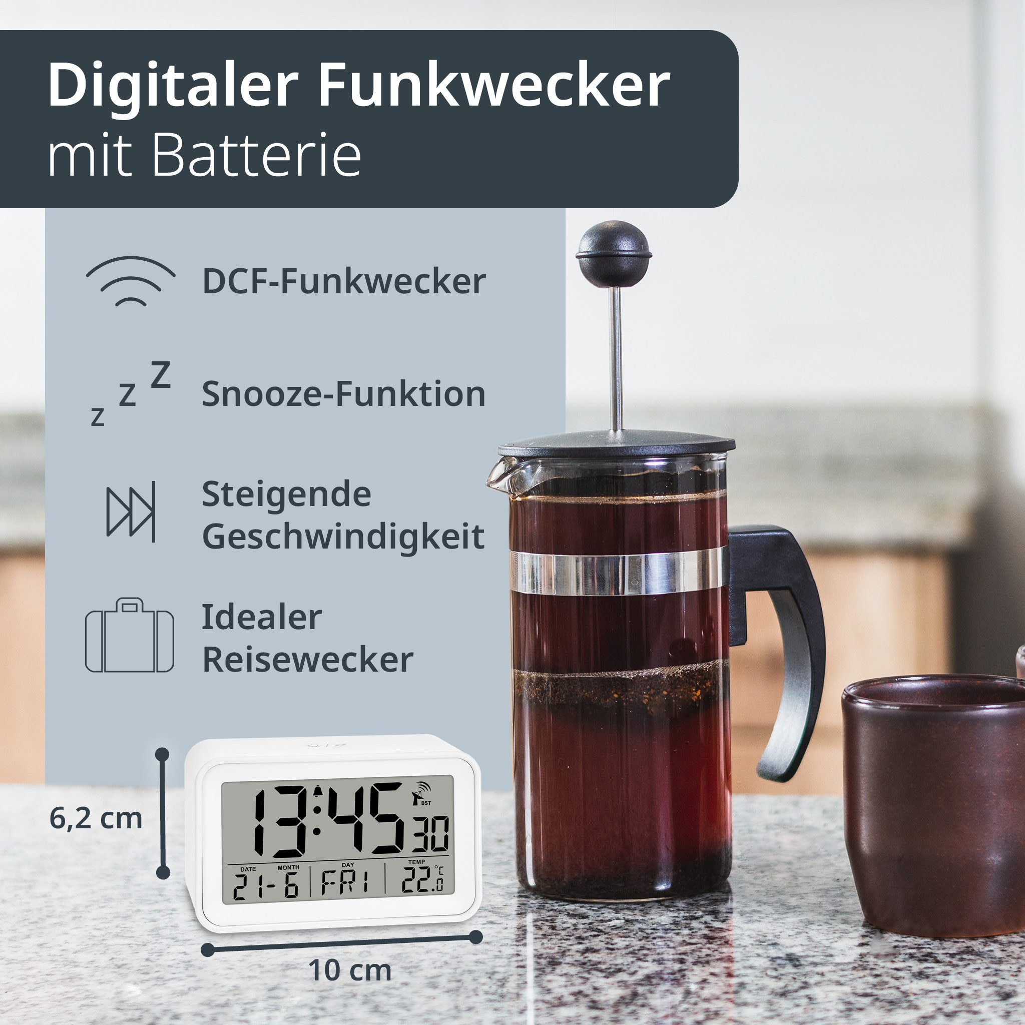ADE Funkwecker mit Kalender, Thermometer und Beleuchtung idealer Reisewecker mit Snooze, inkl. AAA Batterien