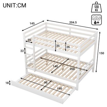 DOPWii Jugendbett 140*200 cm Kinderbetten mit Ausziehbett,Hohe Geländer,Stabile Treppe, Weiß/Grau