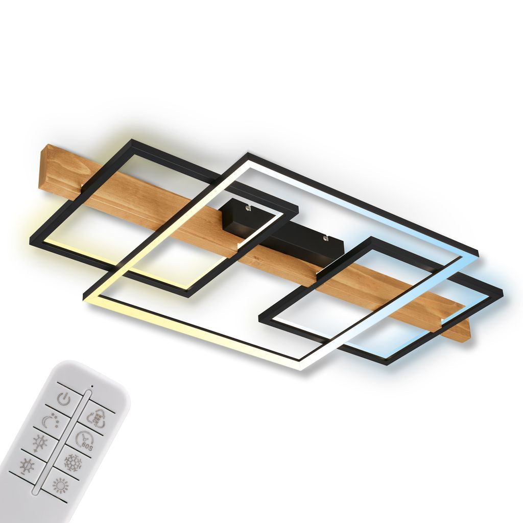 Briloner Leuchten LED Deckenleuchte Deckenlampe indirektes Licht Wohnzimmer CCT Holz 3841014, Dimmfunktion, LED fest integriert, 2700K - Extra-Warmweiß, LED Deckenlampe 75x40x8 cm Schwarz-Holz 44W Wohnzimmer Schlafzimmer