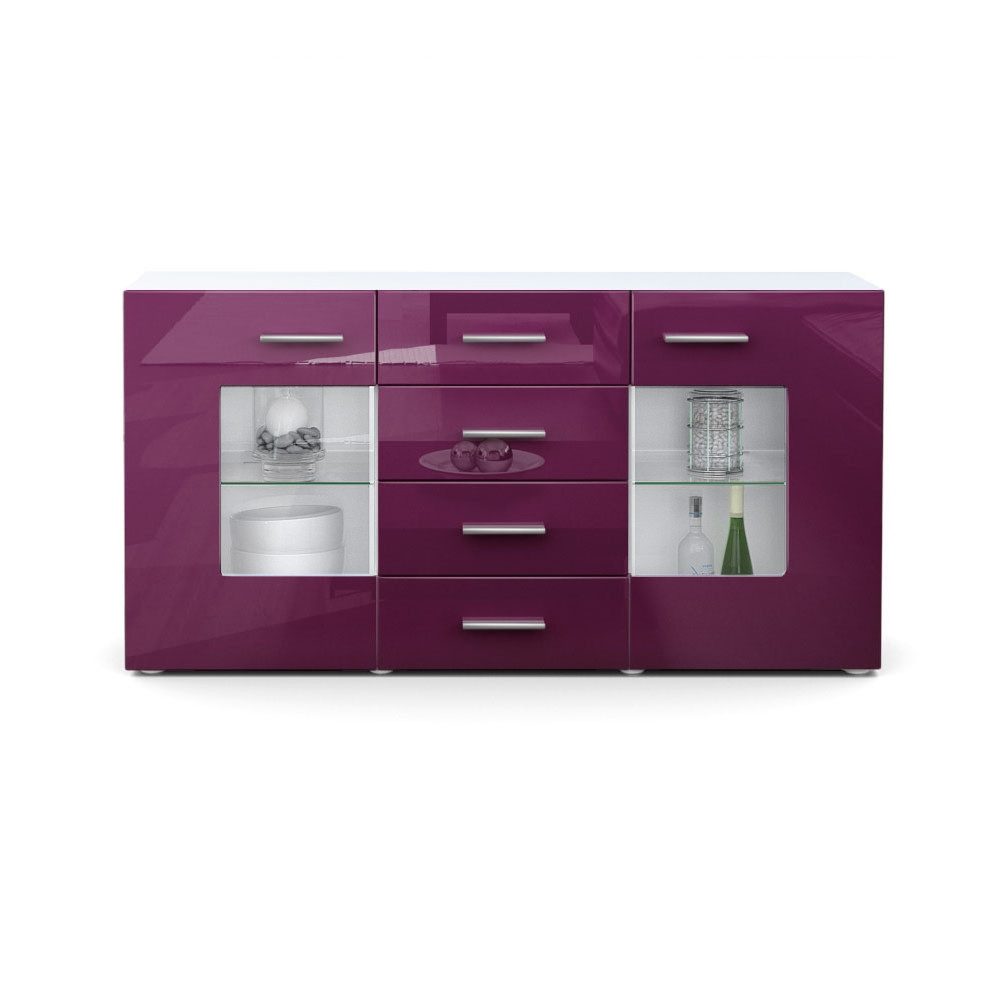 Vladon Sideboard Noah V1 (Kommode mit 2 Türen, 4 Schubladen und 2 flexible Glaseinlegeböden), Weiß matt/Brombeer Hochglanz (139 x 72 x 35)