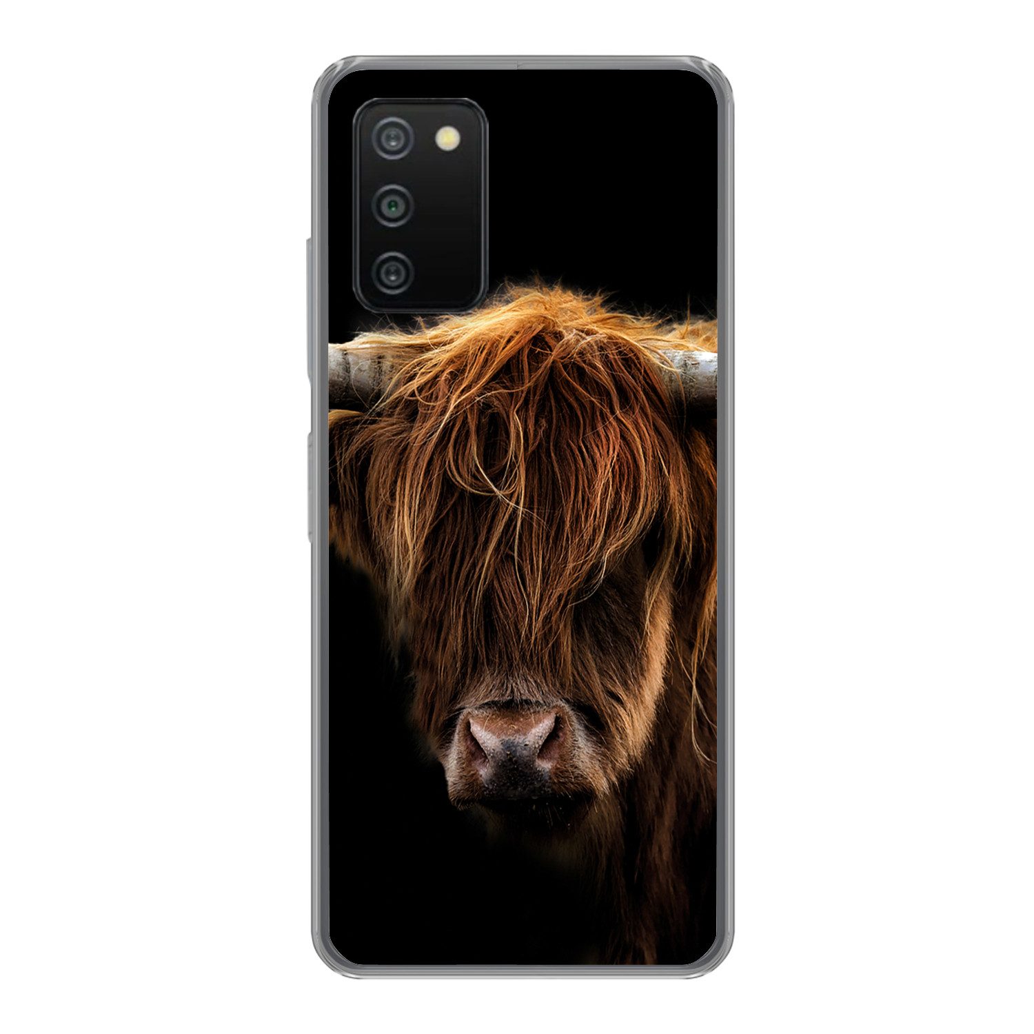 MuchoWow Handyhülle für Samsung Galaxy A03s Schottischer Highlander - Hörner - Schwarz - T, Smartphone-Bumper, Print, Handy Schutzhülle Dünn