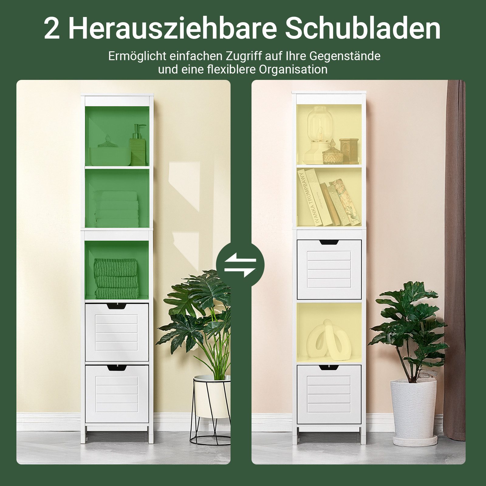 SoBuy Hochschrank FRG126, Badkommode, Schrank freistehend, Badschrank schmal schmale Säule, Badezimmerschrank mit 2 Schubladen, 3 offenen Fächern – Bild 4 von 5
