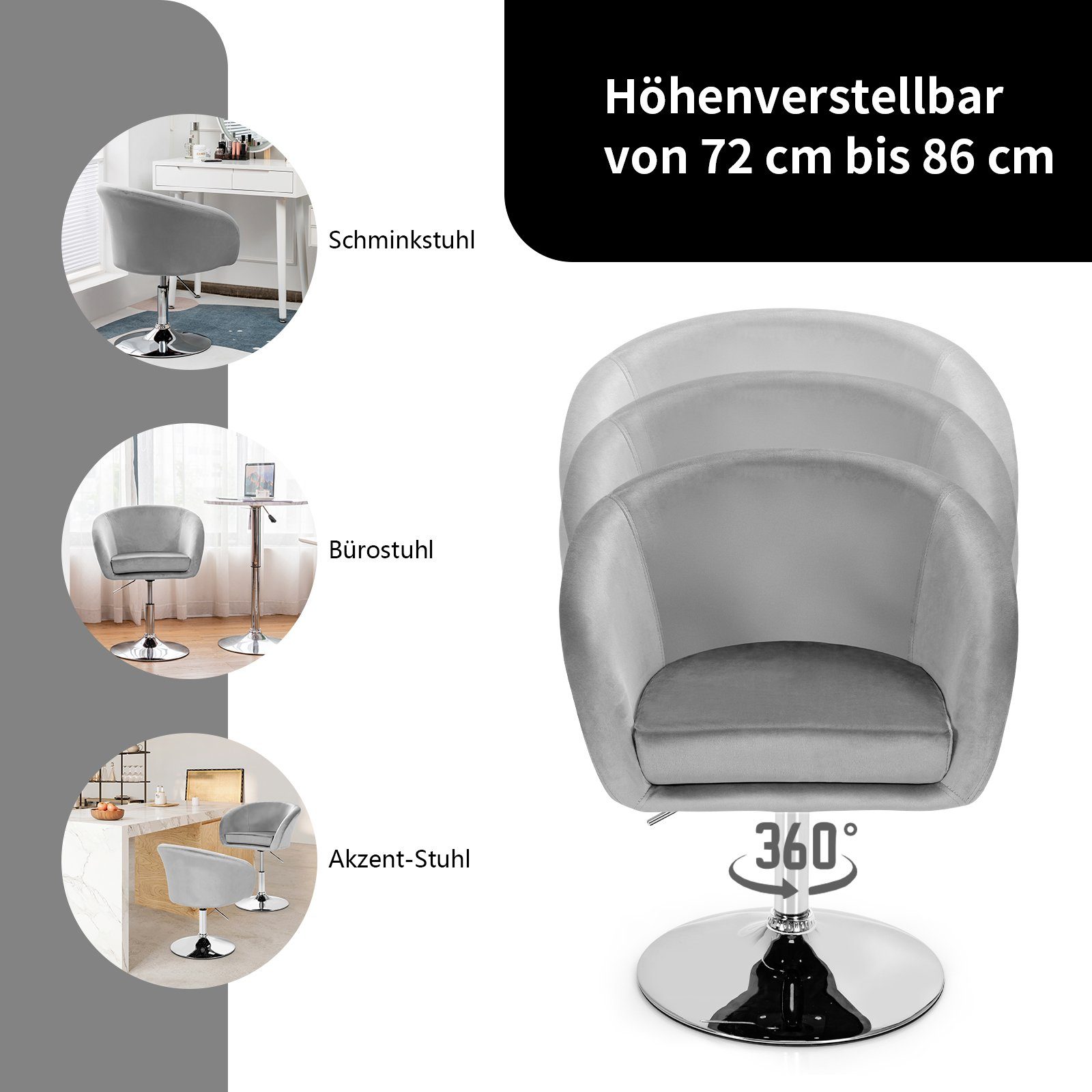 COSTWAY Polsterstuhl Akzentstuhl höhenverstellbar, 120kg Grau 360° drehbar, bis