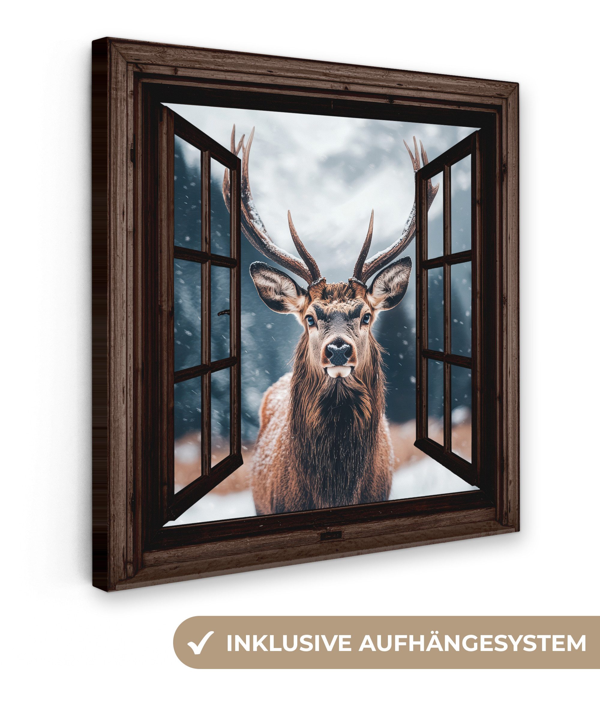 OneMillionCanvasses® Leinwandbild Fenster - Hirsche - günstig online kaufen