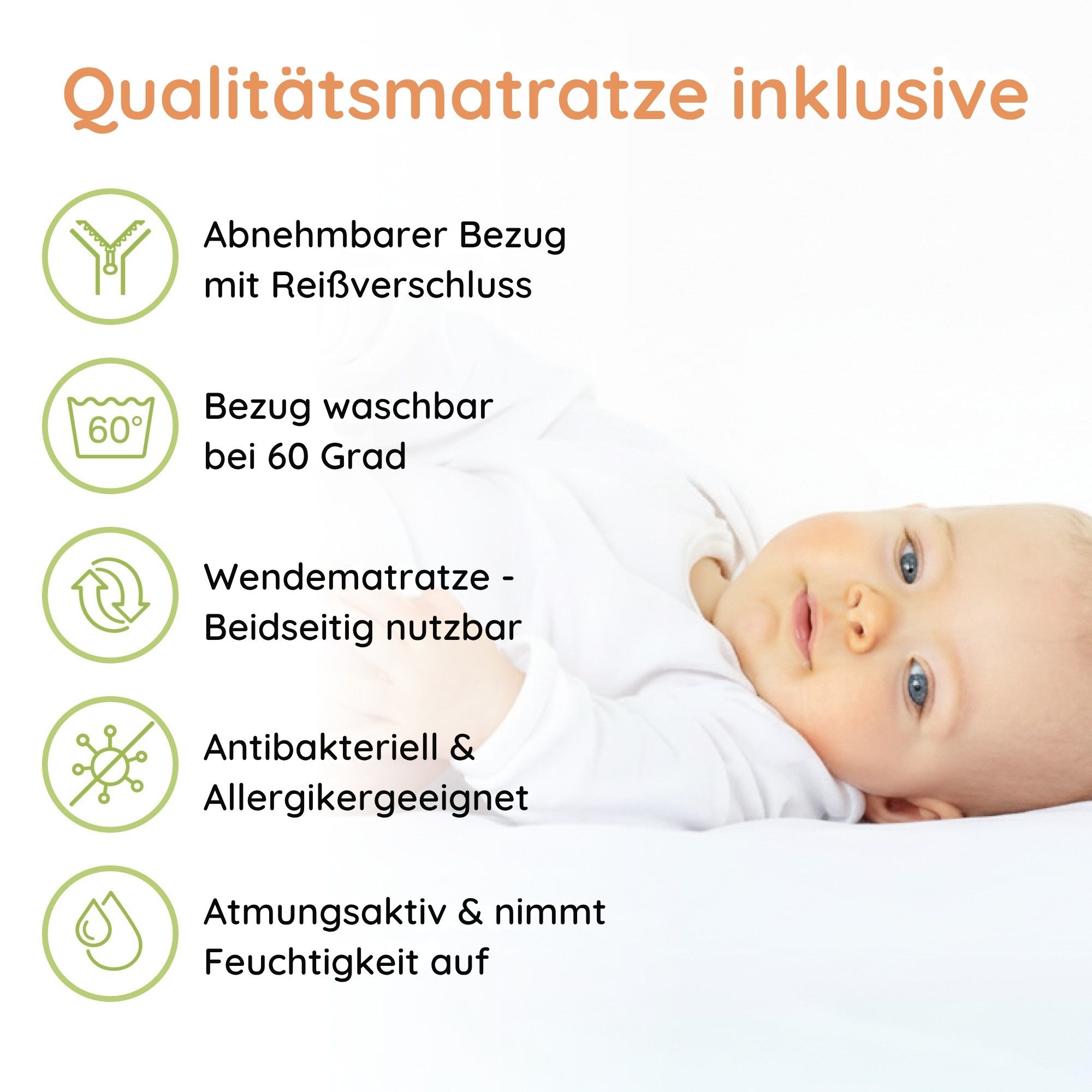 Kids Collective Babybett umbaubar zu Kinderbett 60x120 cm mit Matratze und Lattenrost, Raufallschutz Vollholz 120 x 60, weiss sehr stabil Made in Europe