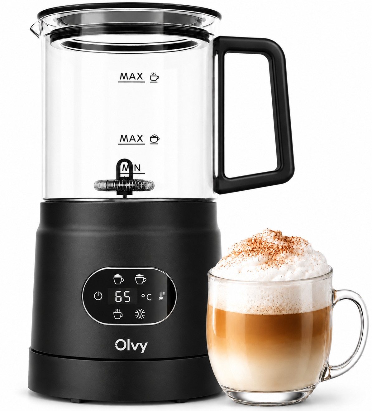 Olvy Milchaufschäumer elektrisch 400ml, 3in1 Heiß & Kalt, für Kaffee & Latte, für Schaum in Barista Qualität, BPA-frei