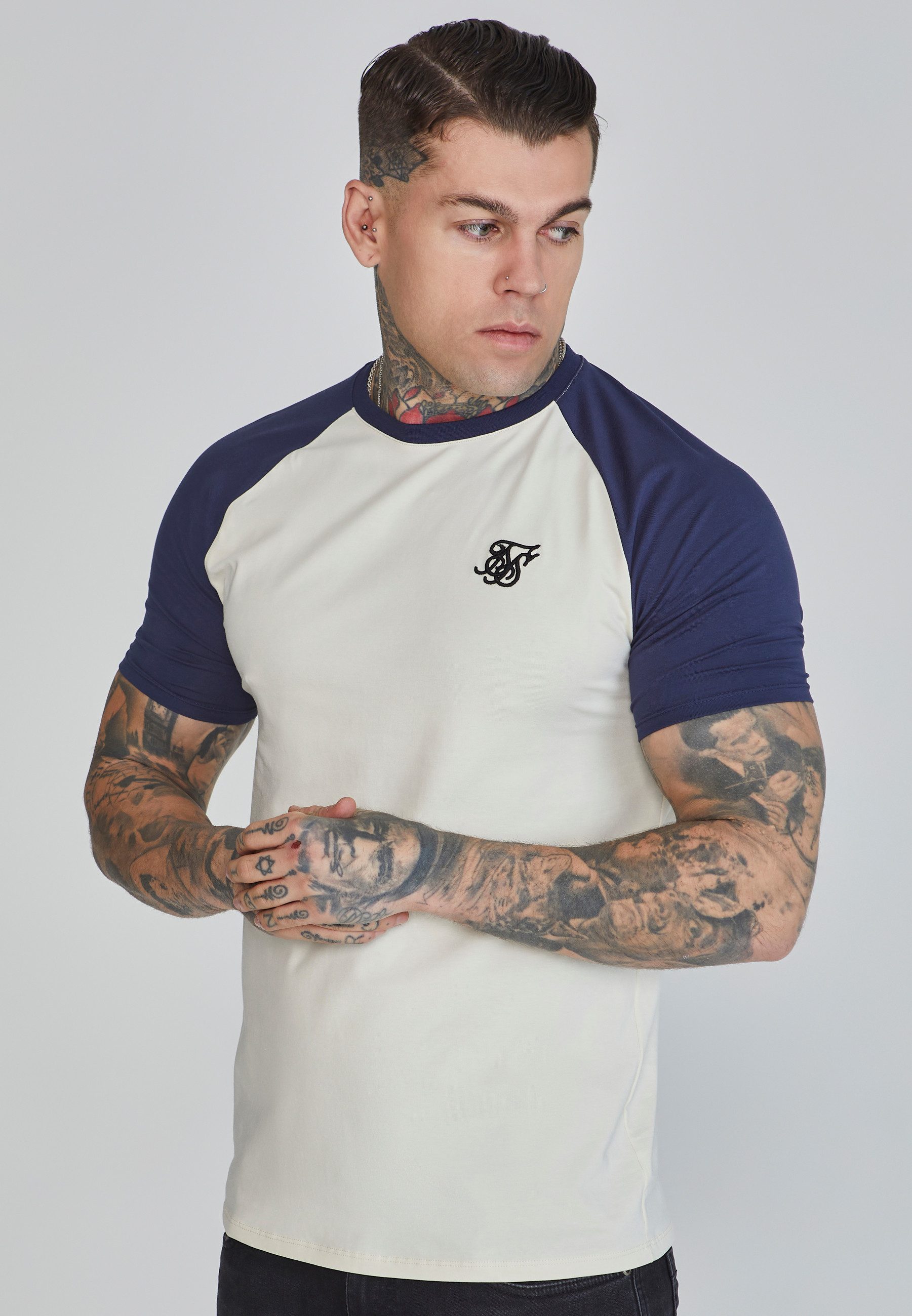 Siksilk T-Shirt SikSilk Herren Ecru-Marine Raglan günstig online kaufen