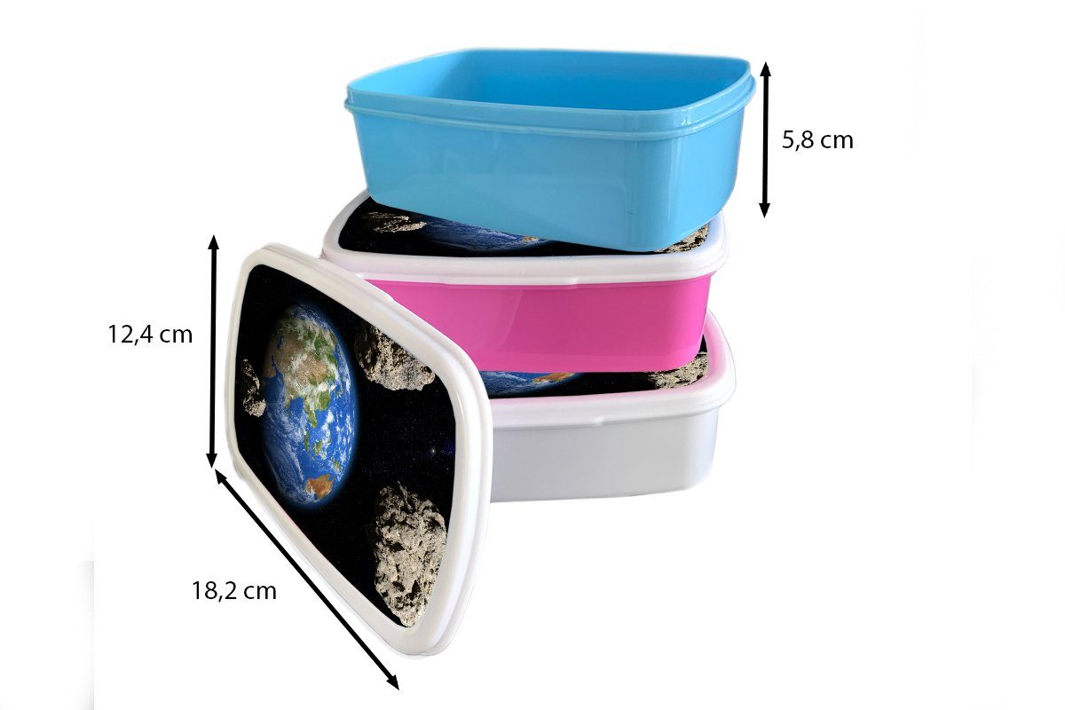 MuchoWow Lunchbox Die Kinder Jungs Kunststoff, von Brotbox Erde und (2-tlg), und umgeben, Erwachsene, Mädchen Brotdose, weiß Meteoriten ist für für