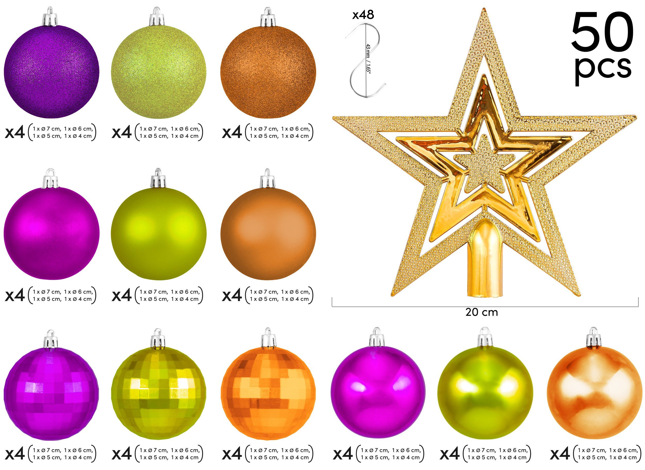 BRUBAKER Weihnachtsbaumkugel 50-teiliges Weihnachtskugel-Set mit Baumspitze, Christbaumschmuck aus Kunststoff, Weihnachtsdekoration edel und robust