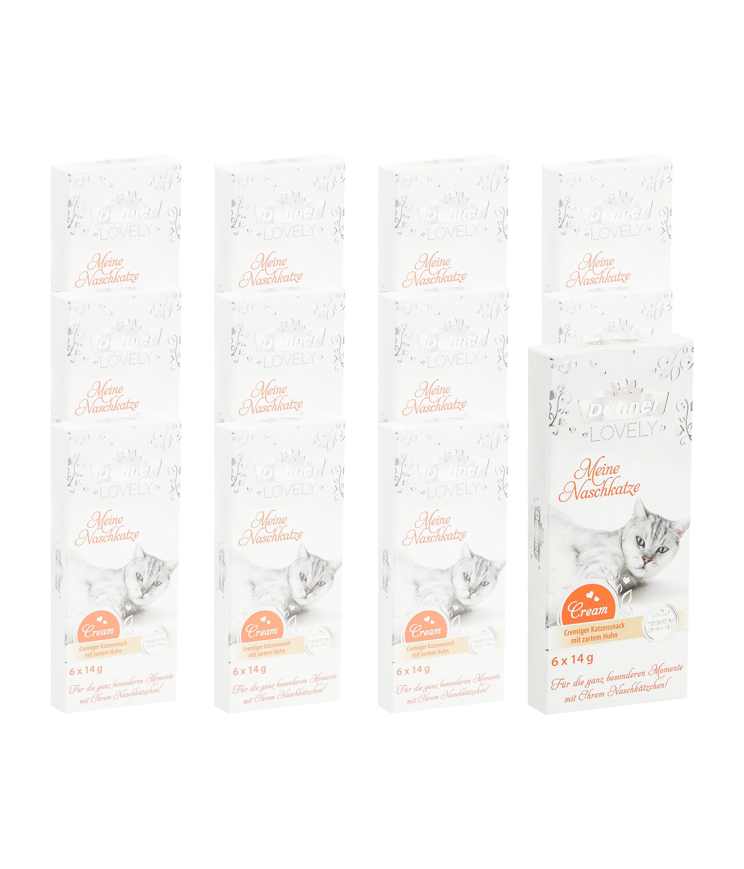 Dehner Premium Lovely Katzensnack Creme Huhn, 72 x 14 g Huhn, Ergänzungsfutter für: Katze, Leckerli für ausgewachsene Katzen, glutenfrei