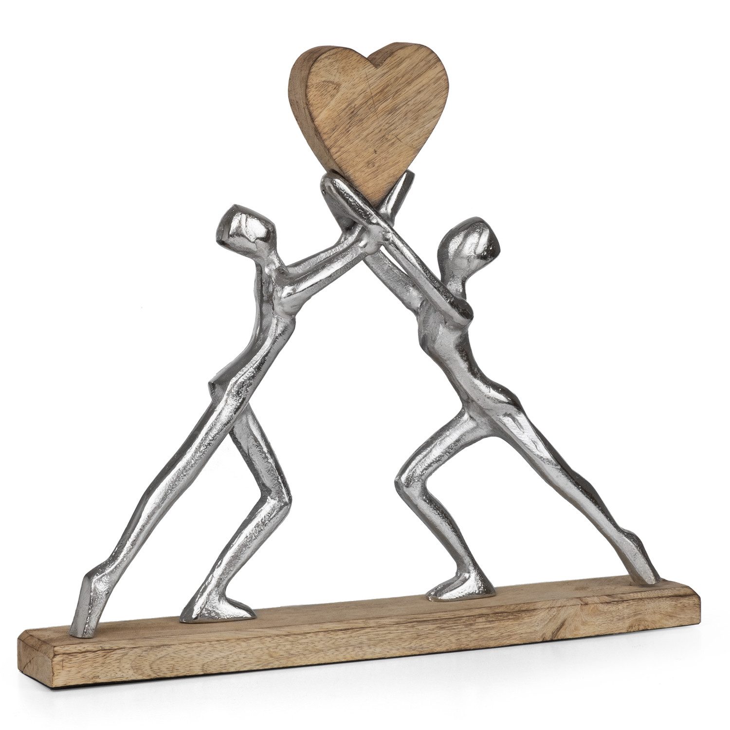 Moritz Skulptur Dekofigur Paar mit Herz aus Aluminium und Mangoholz, Holz, Tischdeko, Fensterdeko, Wanddeko, Holzdeko, Weihnachtsdeko