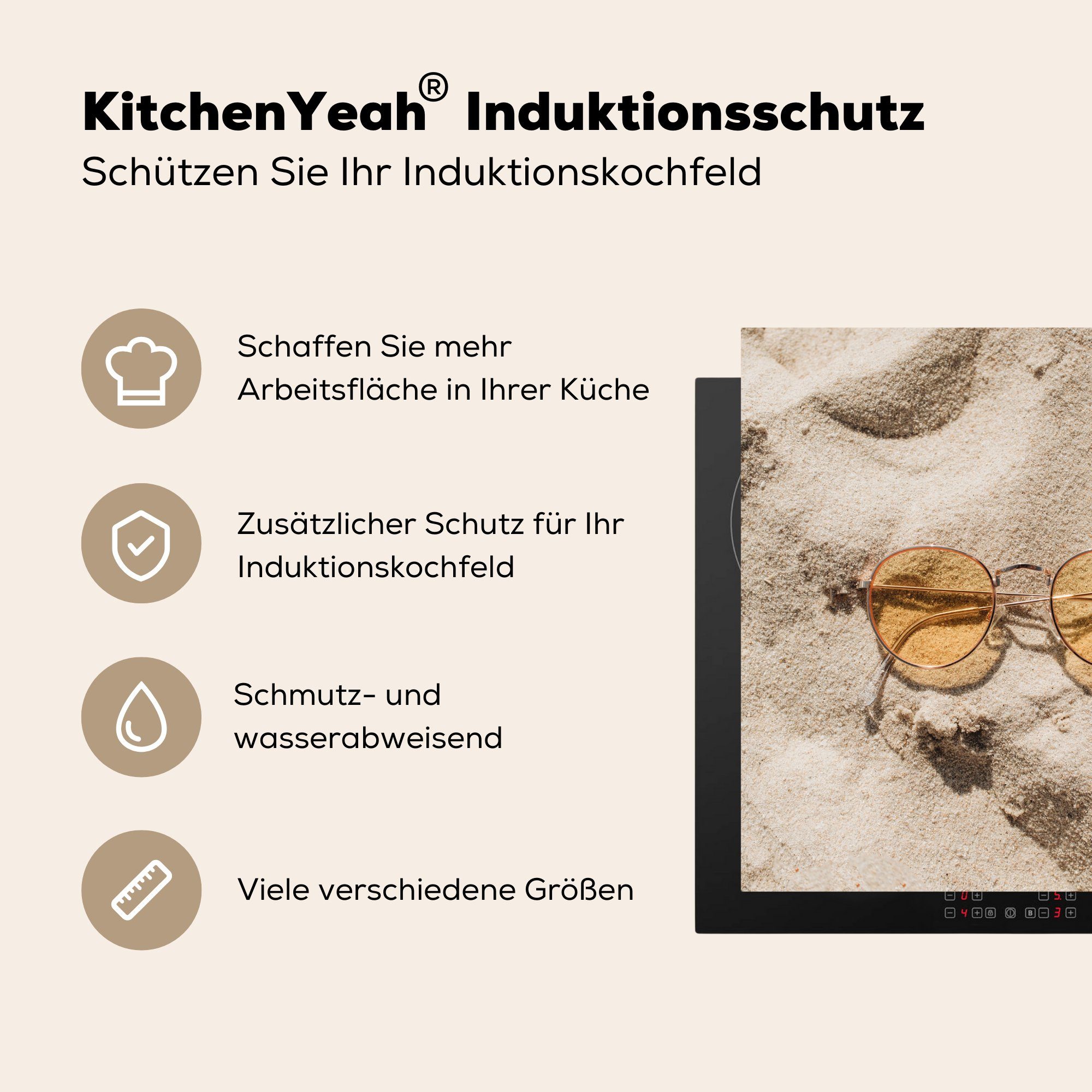 Sand Sommer, für Herdblende-/Abdeckplatte - cm, Vinyl, (1 Sonnenbrille 78x78 - Arbeitsplatte Ceranfeldabdeckung, küche MuchoWow tlg),