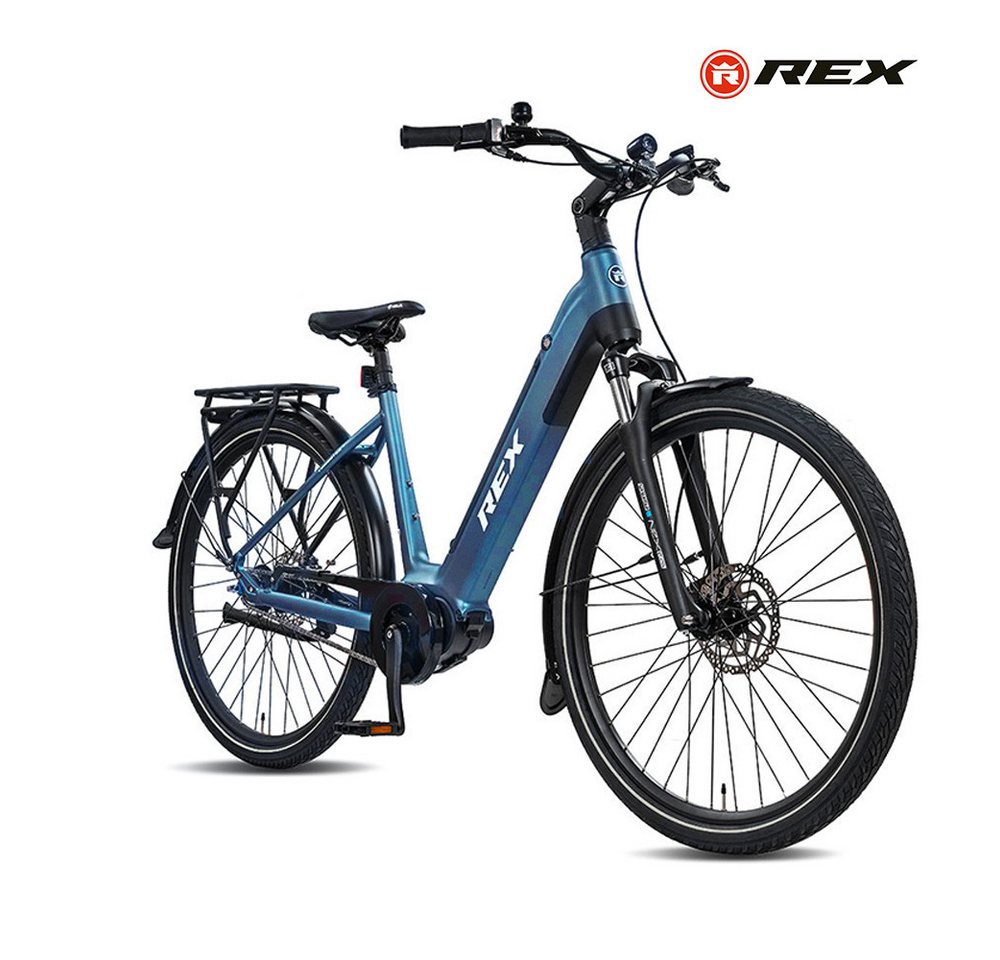 REX E-Bike Cityrad REX Commuter+ E-Bike Tiefeinsteiger 28 Zoll, Pedelec Damen & Herren, 7 Gang Nexus 7 Gang Schaltwerk, Mittelmotor, 468 Wh, ebike max. 120km Reichweite, Suntour Federgabel, Scheibenbremsen