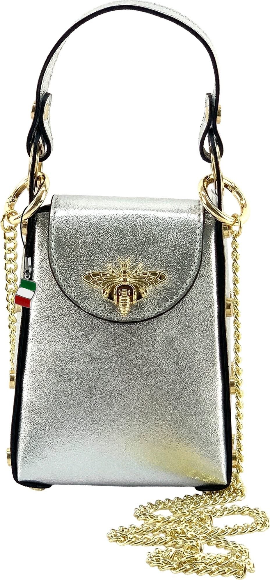 FLORENCE Umhängetasche Florence Biene Damen Handtasche Echtleder (Umhängetasche), Damen Umhängetasche Leder, silber ca. 13cm x ca. 18cm hoch