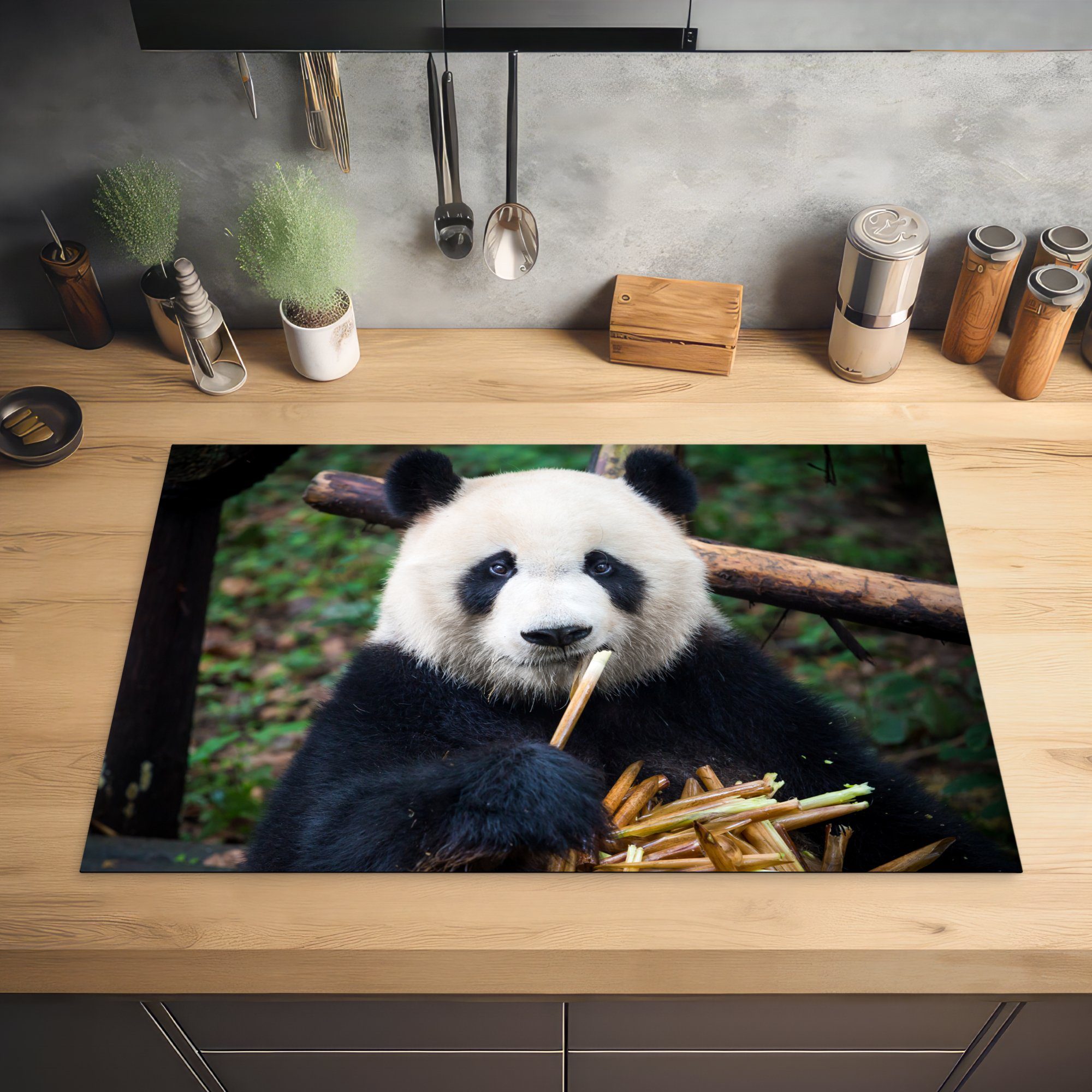 MuchoWow Herdblende-/Abdeckplatte - Induktionskochfeld 81x52 die Bambus - Natur, tlg), Vinyl, Schutz Ceranfeldabdeckung (1 cm, für Panda küche