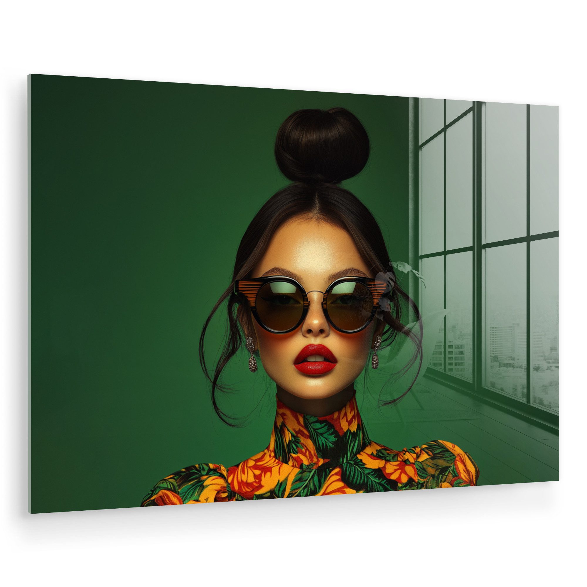 MuchoWow Acrylglasbild Frau - Grün - Modern - Brille - Abstrakt, Inkl. Aufh günstig online kaufen