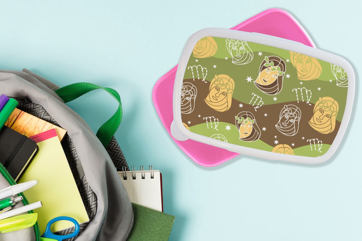 Muster, MuchoWow - Tierkreiszeichen Brotbox Erwachsene, rosa (2-tlg), Kinder, Lunchbox für - Snackbox, Kunststoff, Mädchen, Jungfrau Brotdose Kunststoff