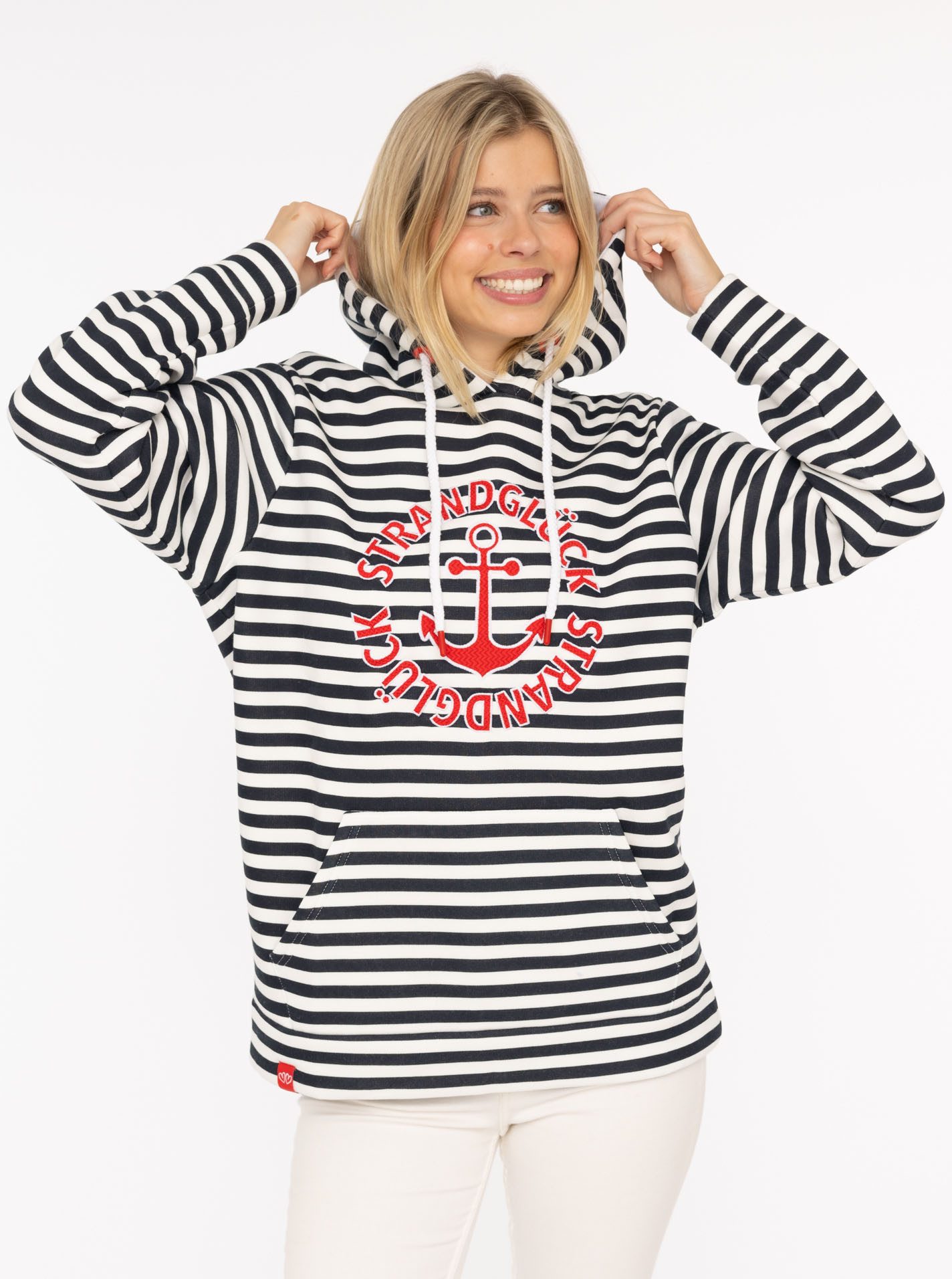 Zwillingsherz Kapuzensweatshirt "Streifen Strandglück" gestreift, Stickererei vorne, Kordelzug; Tasche
