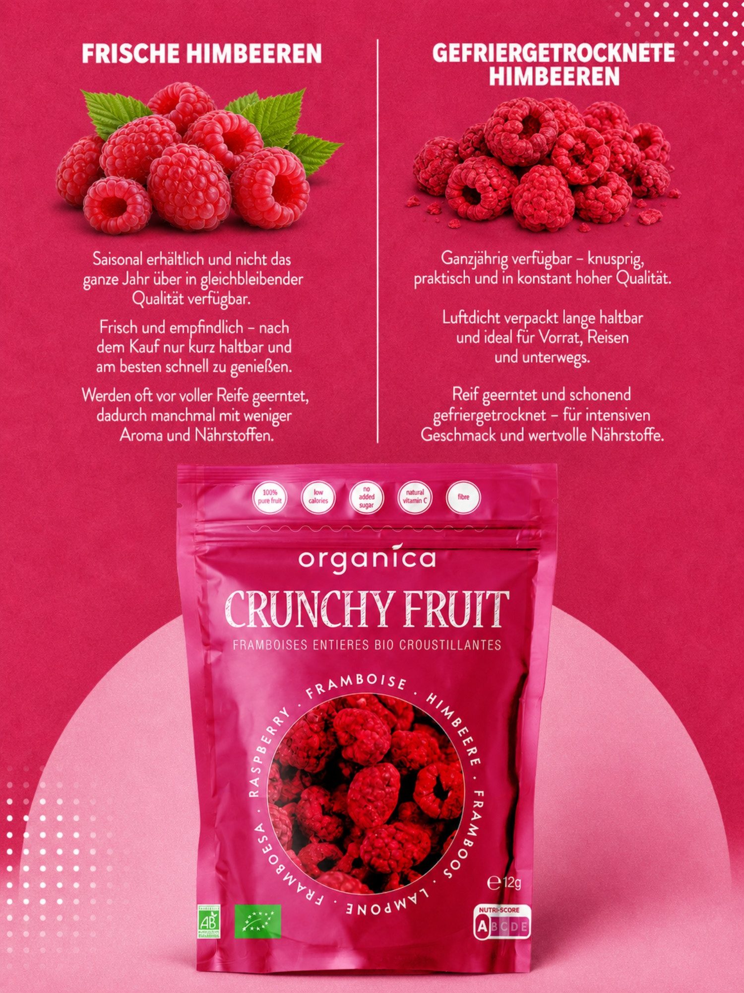 Organica Trockenfrüchte Gefriergetrocknete Bio-Himbeeren, knuspriger Fruchtsnack, 1 x 12 g, Bio-zertifiziert, 100 % Frucht, Ohne Zuckerzusatz, Nutri-Score A – Bild 4 von 5