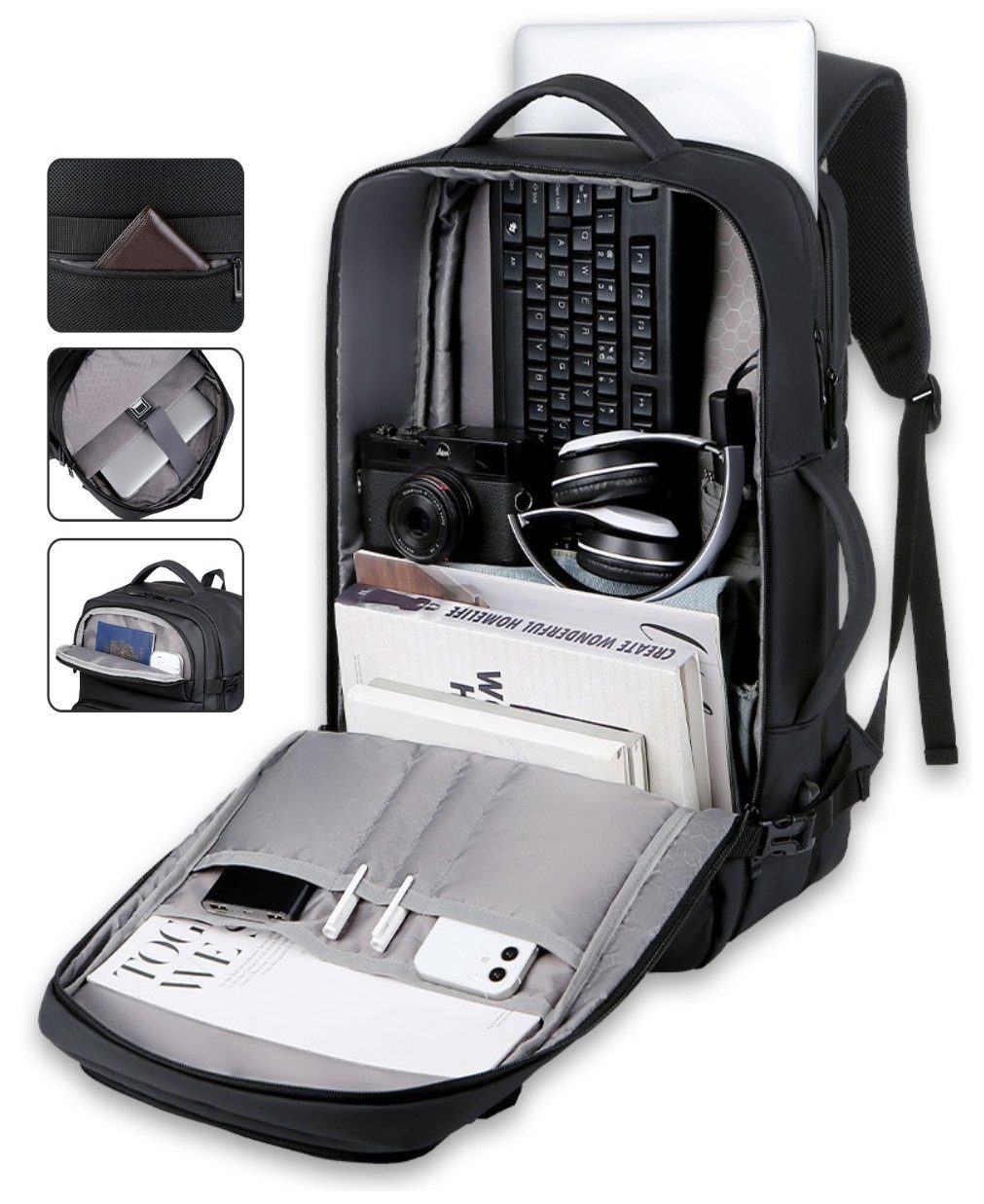 NULSTA Reiserucksack Großer Erweiterbarer Laptop Rucksack Schulrucksack Laptoptasche (mit USB Ladeanschluss Anti Diebstahl Business Arbeit Reisen), für Teenager Notebook College Damen, Herren,Schwarz