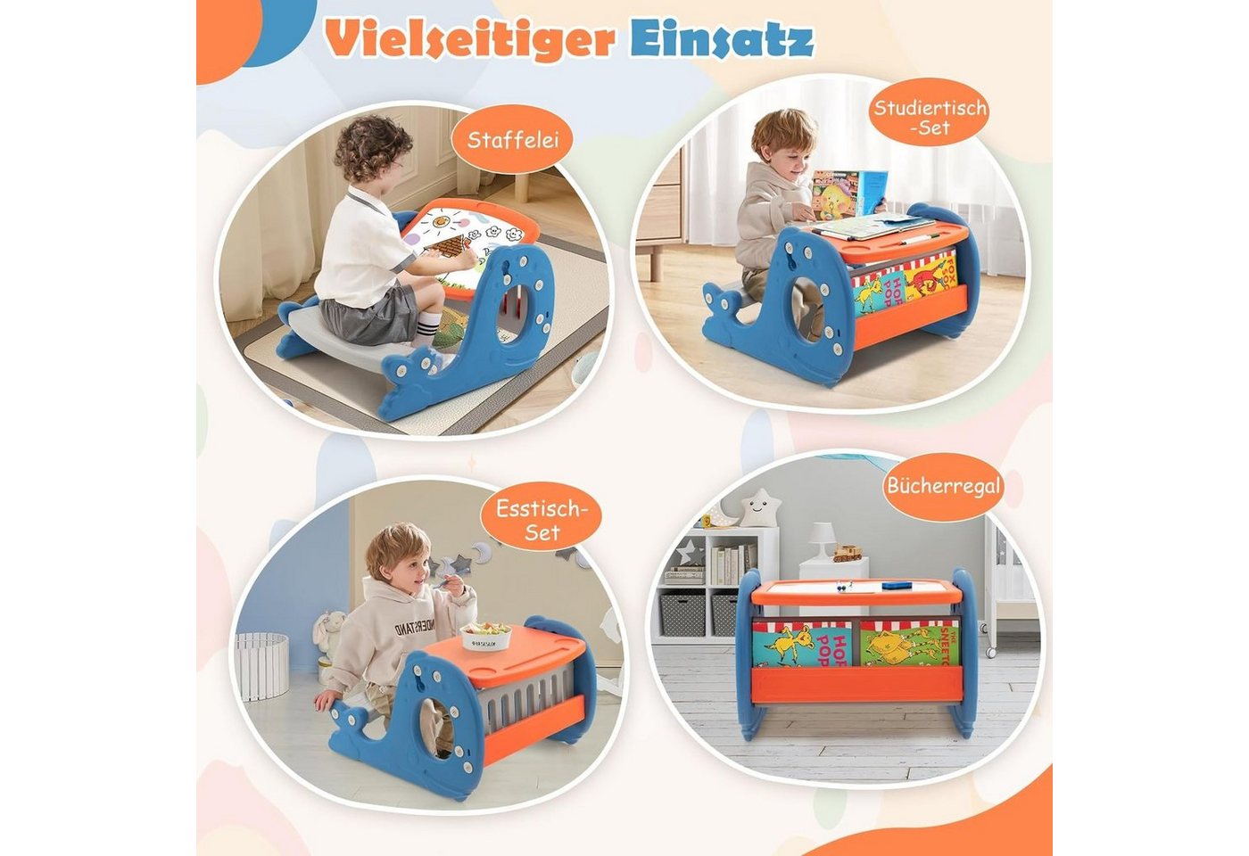 Thumbnail - KOMFOTTEU Staffelei 4 in 1 Kinder, zum Lernen, Malen & Essen, für Babys ab 1 Jahren