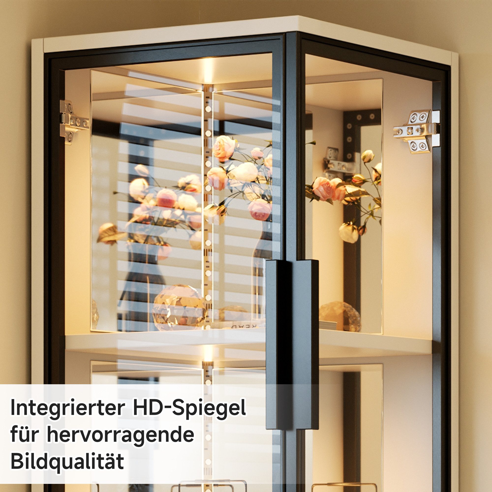 Flieks Eckvitrine Spiegelrückwand Glasvitrine Eckschrank Hochschrank mit LED-Beleuchtung (44×42×164 cm, 1-St., Multifunktionsschrank für Wohnzimmer, Schlafzimme – Bild 4 von 5