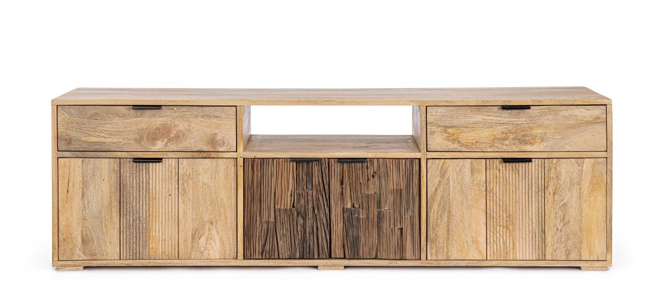 Feeling4Home TV-Board Nashik aus Mangoholz, 175 cm, Türen: 2x Mangoholz, 2x recyceltes Holz, mit Magnetverschluss