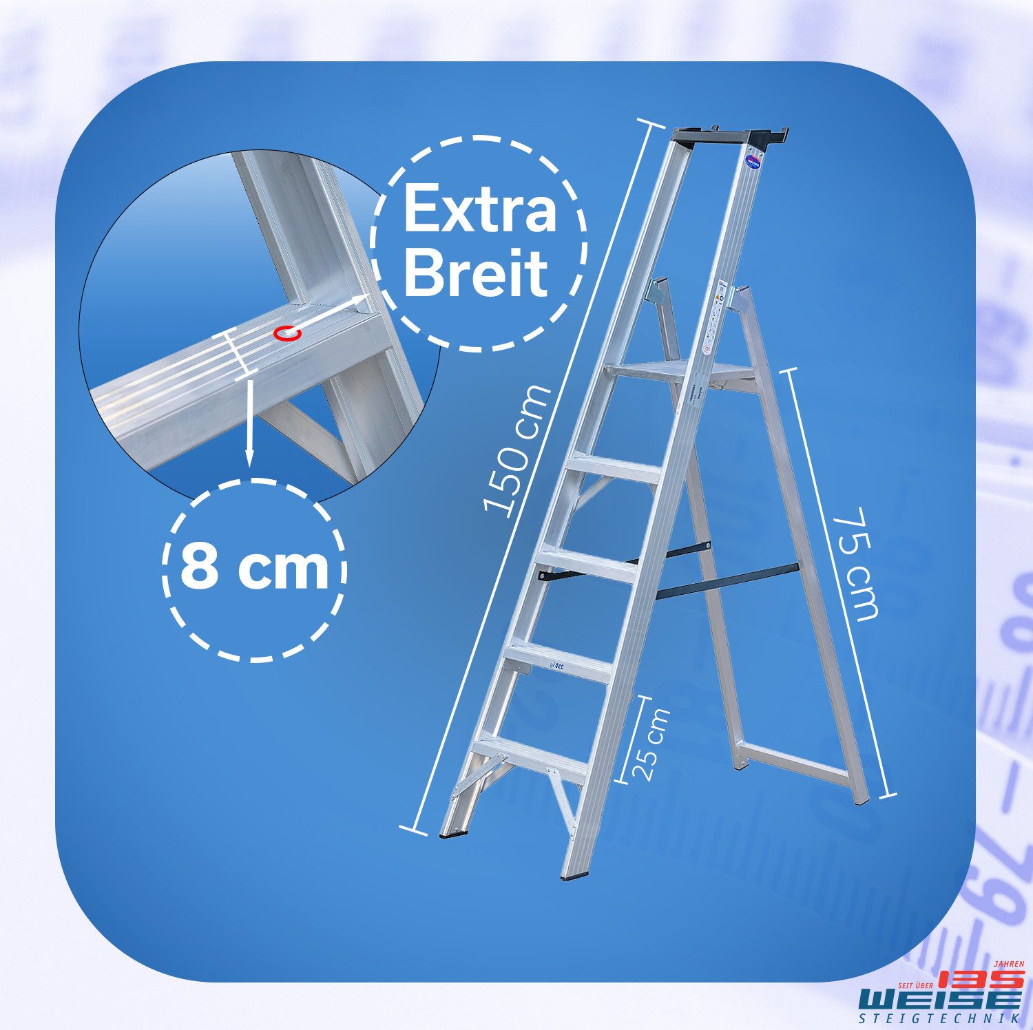 Weise Steigtechnik Stehleiter klappbare Stufenleiter mit Gurtbändern (12 Stufen, trittsichere & geriefte Stufen), Haushaltsleiter mit sicherer Plattform