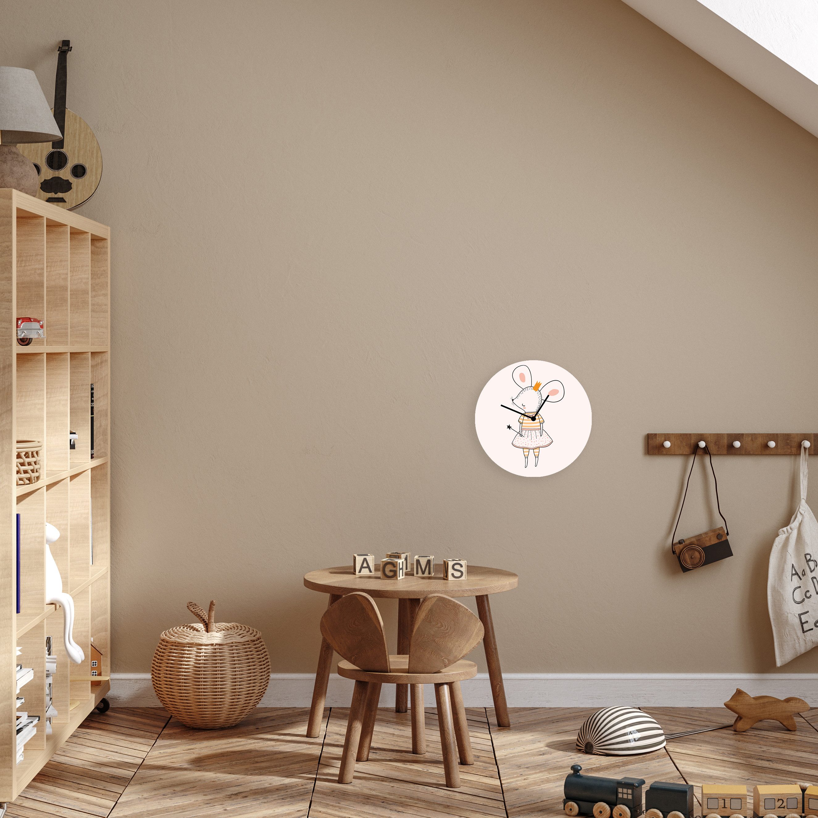 queence Wanduhr Kleine Maus mit Krone (bedruckte Acrylglas Uhr, geräuschlos, 30cm, Kindermotiv)