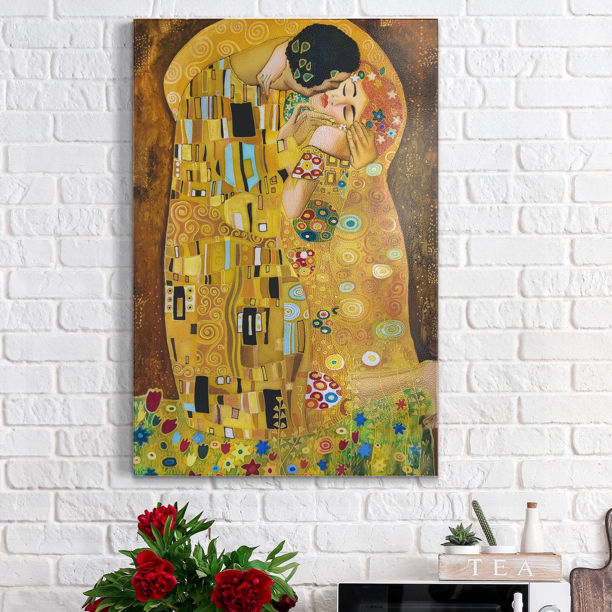 DEQOART Magnettafel 'Der Kuss von Gustav Klimt', Metall Whiteboard für alle Magnete, Magnetboard magnetisch