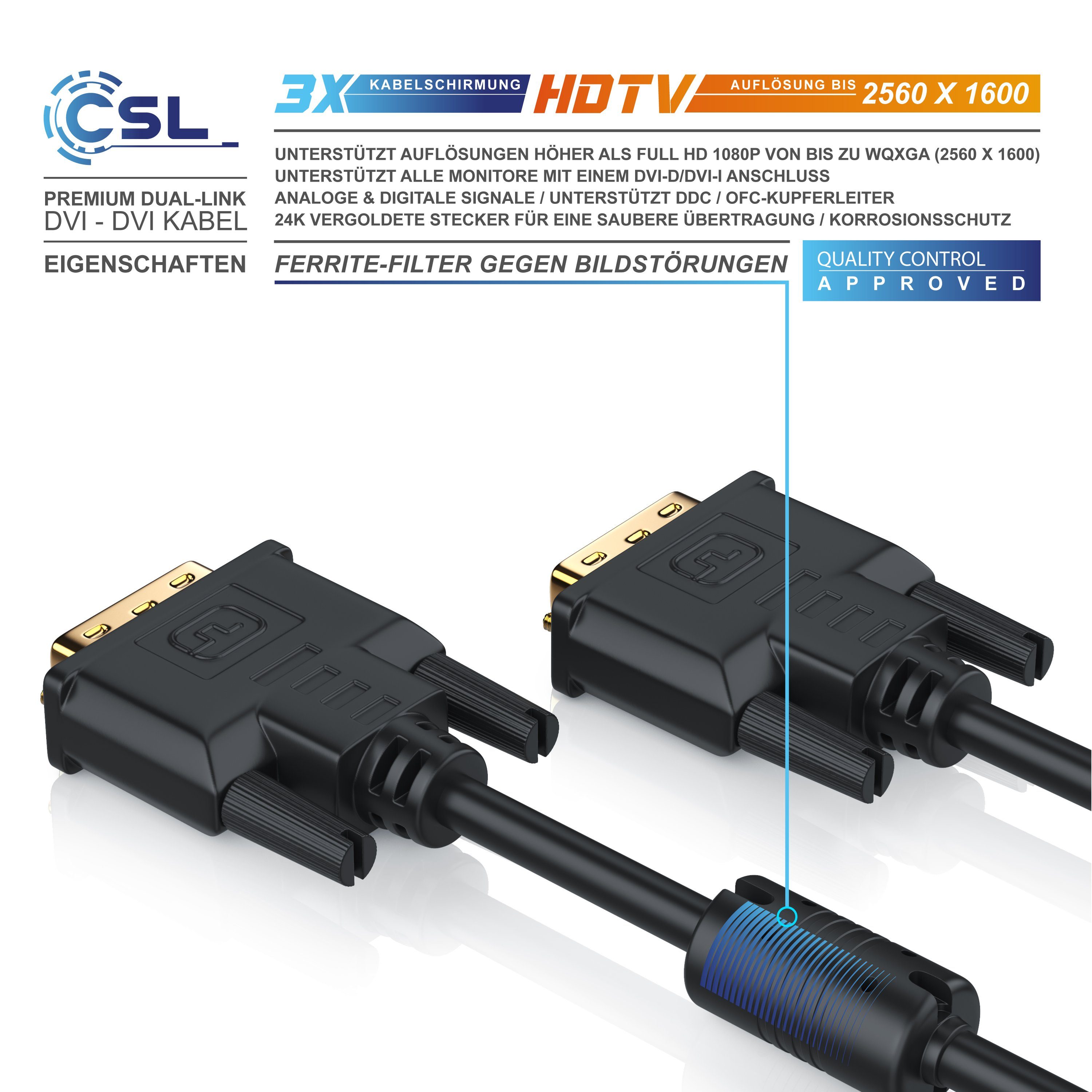 CSL Video-Kabel, DVI-D (DL), (200 cm), Monitor Verbindungskabel Dual-Link 24+1 Auflösung bis 2560x1600 - 2m