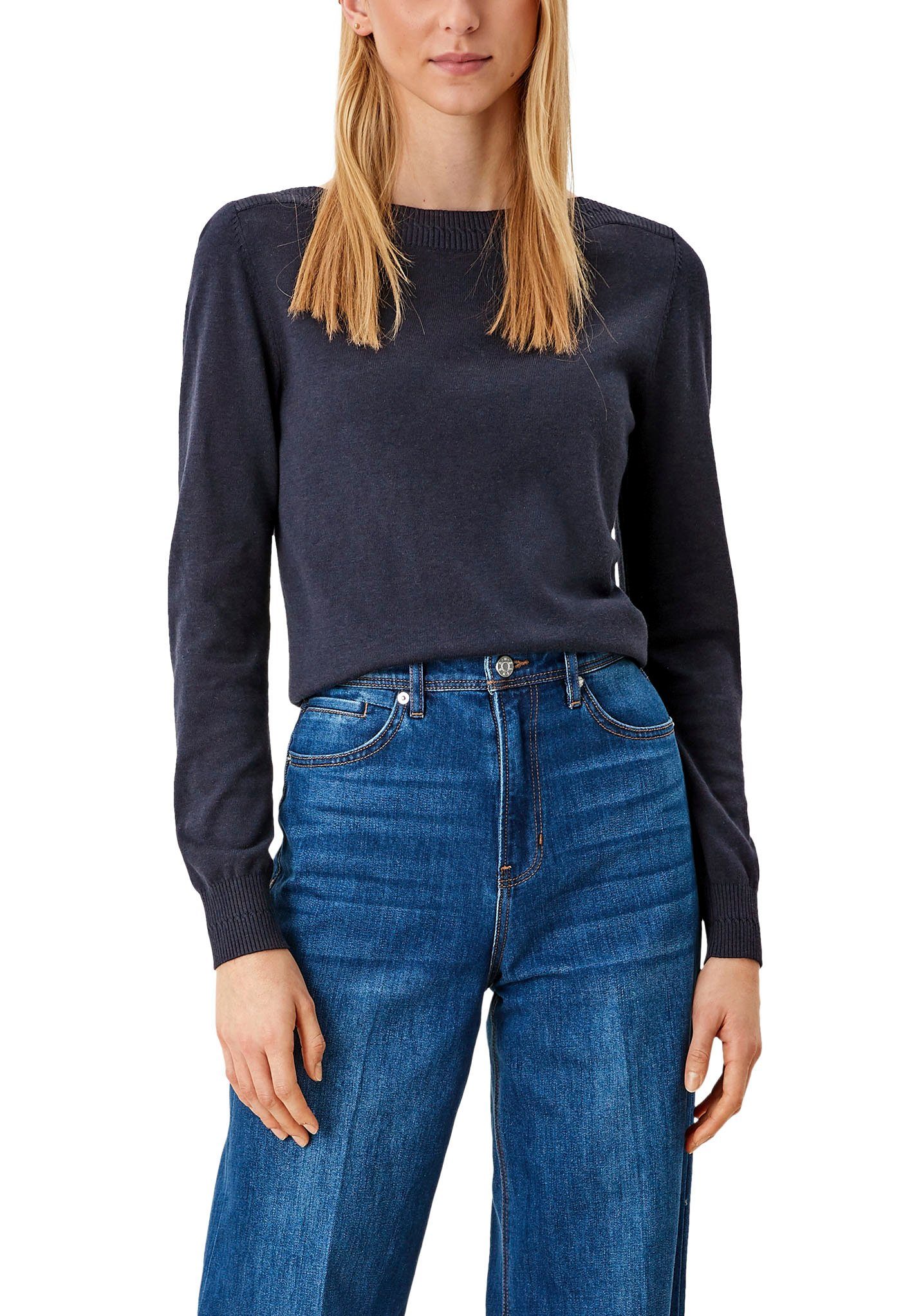 navy am mit Ausschnitt dekorativer s.Oliver Rippblende Strickpullover