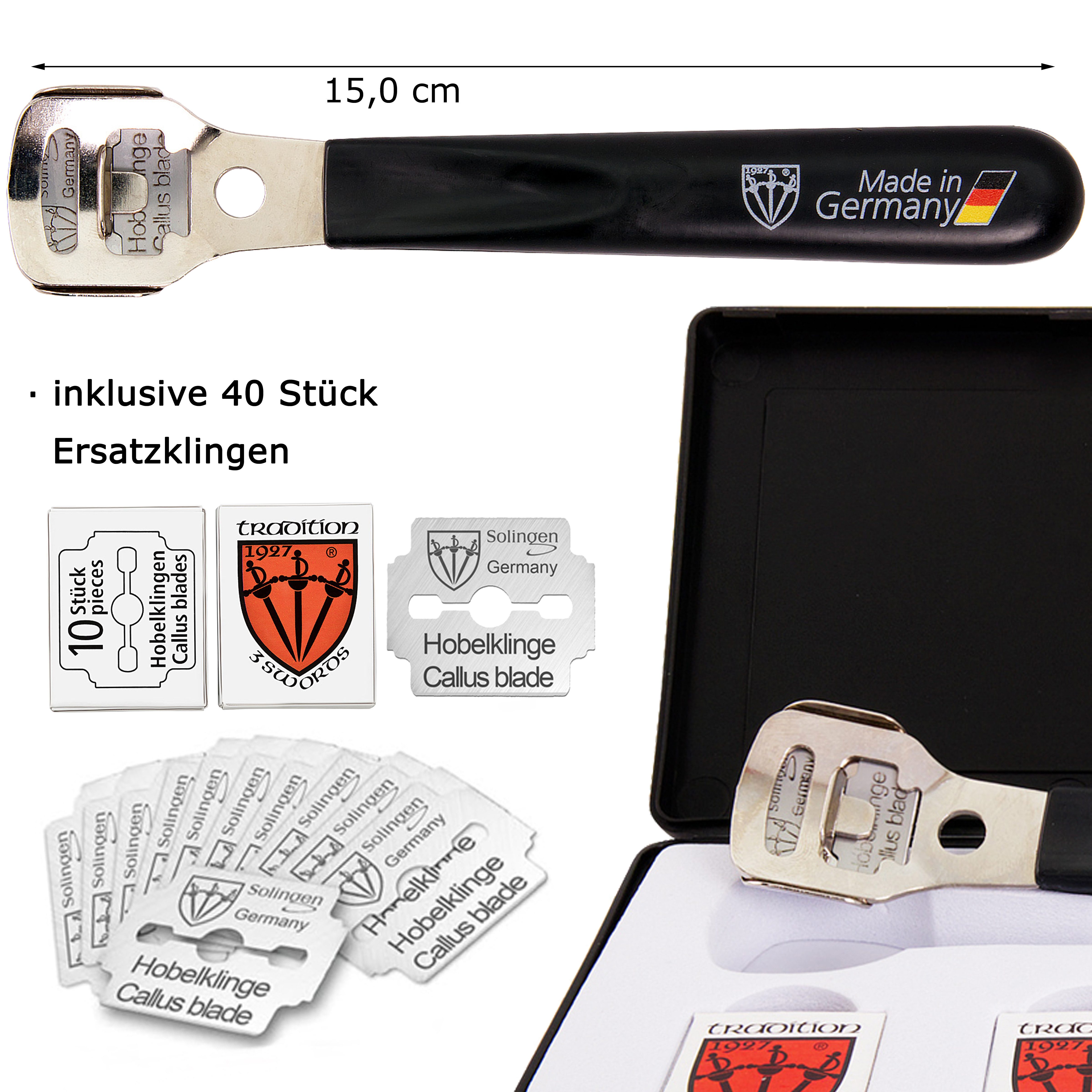 3 SCHWERTER Hornhautfeile Hochwertiges Pediküre Set zur Hornhautentfernung, 1-tlg., Hornhauthobel mit 40 Ersatzklingen (10x10), Made in Germany