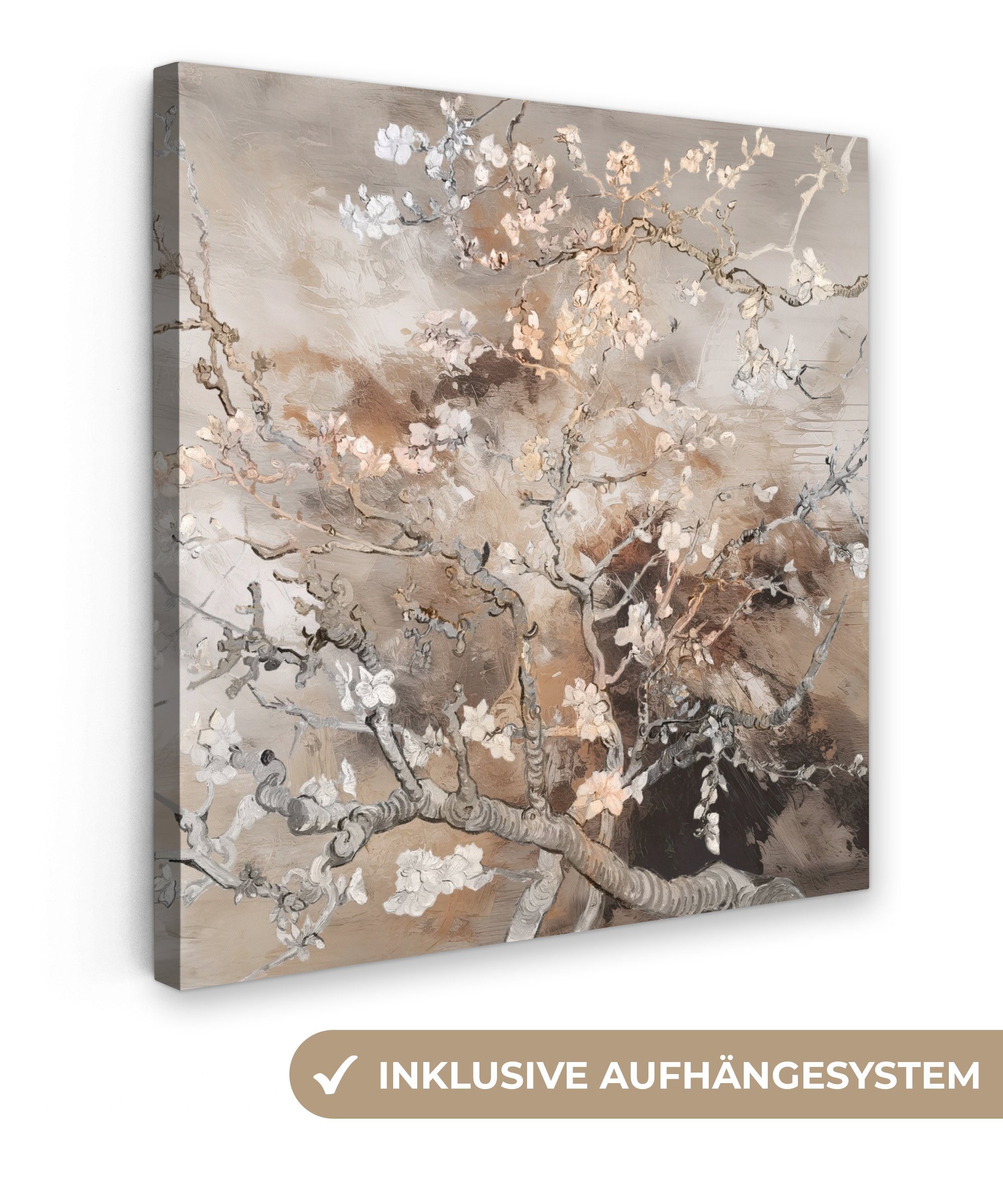 OneMillionCanvasses® Leinwandbild Mandelblüte - Kunst - Van Gogh - Beige - Abstrakt, Fotodruck (1 St), Wandbild, Deko Schlafzimmer Wohnzimmer Flur 20x20 cm