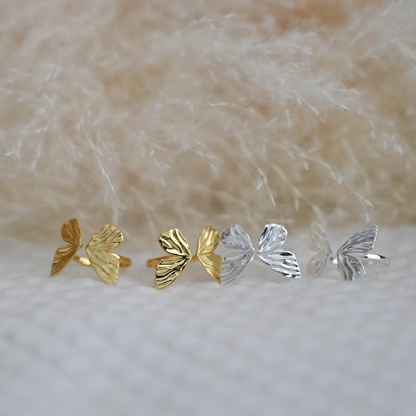 Runde Perlé Silberring großer Schmetterling offener Vintage Ring, handgefertigter verstellbarer Ring, 925er Silber, 18K Gold