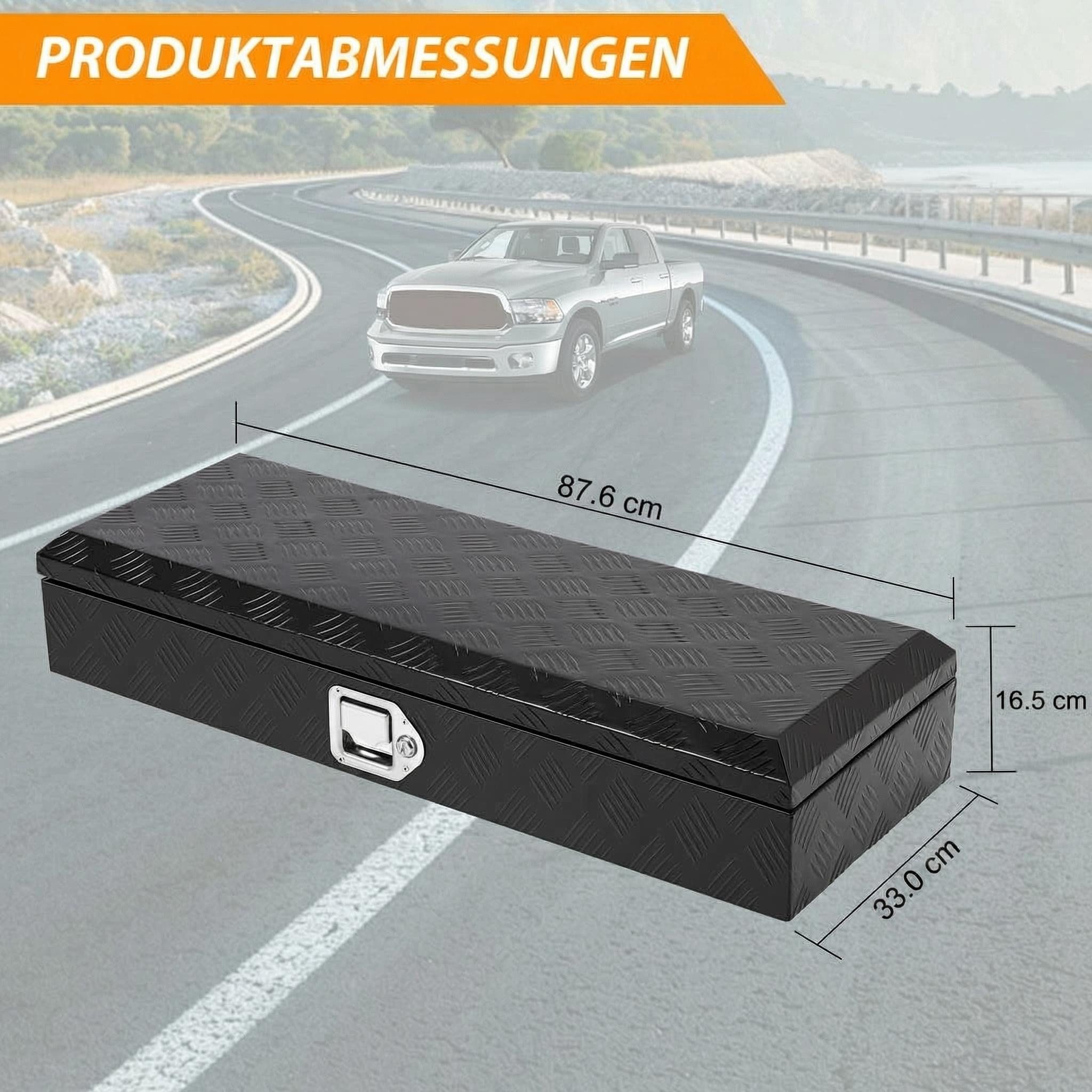 GarveeMore Anhänger-Deichselbox Aluminium-Werkzeugkiste HHF, schwarz pulverbeschichtet, abschließbar, 5-Streifen-Riffelblechdesign, mit Dichtungsring, 88 × 33 × 17 cm