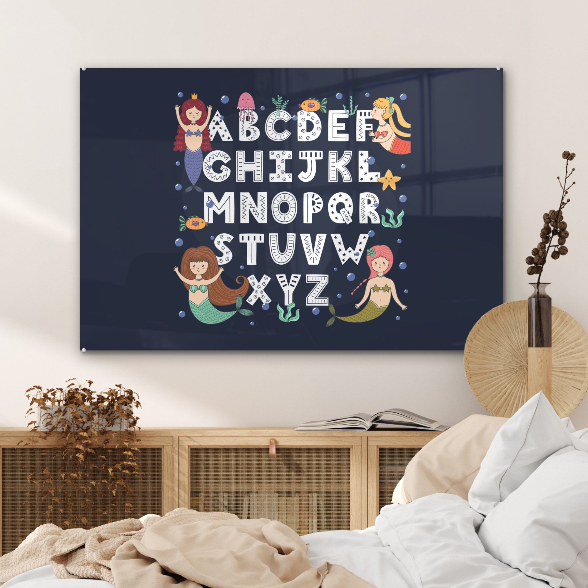 MuchoWow Acrylglasbild Illustration Acrylglasbilder St), mit Meerjungfrauen, Alphabet (1 & Wohnzimmer Schlafzimmer