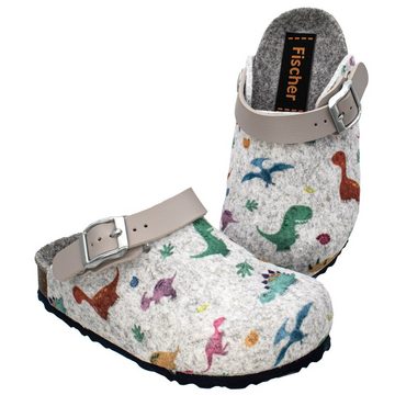 Fischer-Markenschuh Shetland Pantoffel aus Filz, mit Dino´s bedruckt, Filzfutter, Riemen nach hinten klappbar