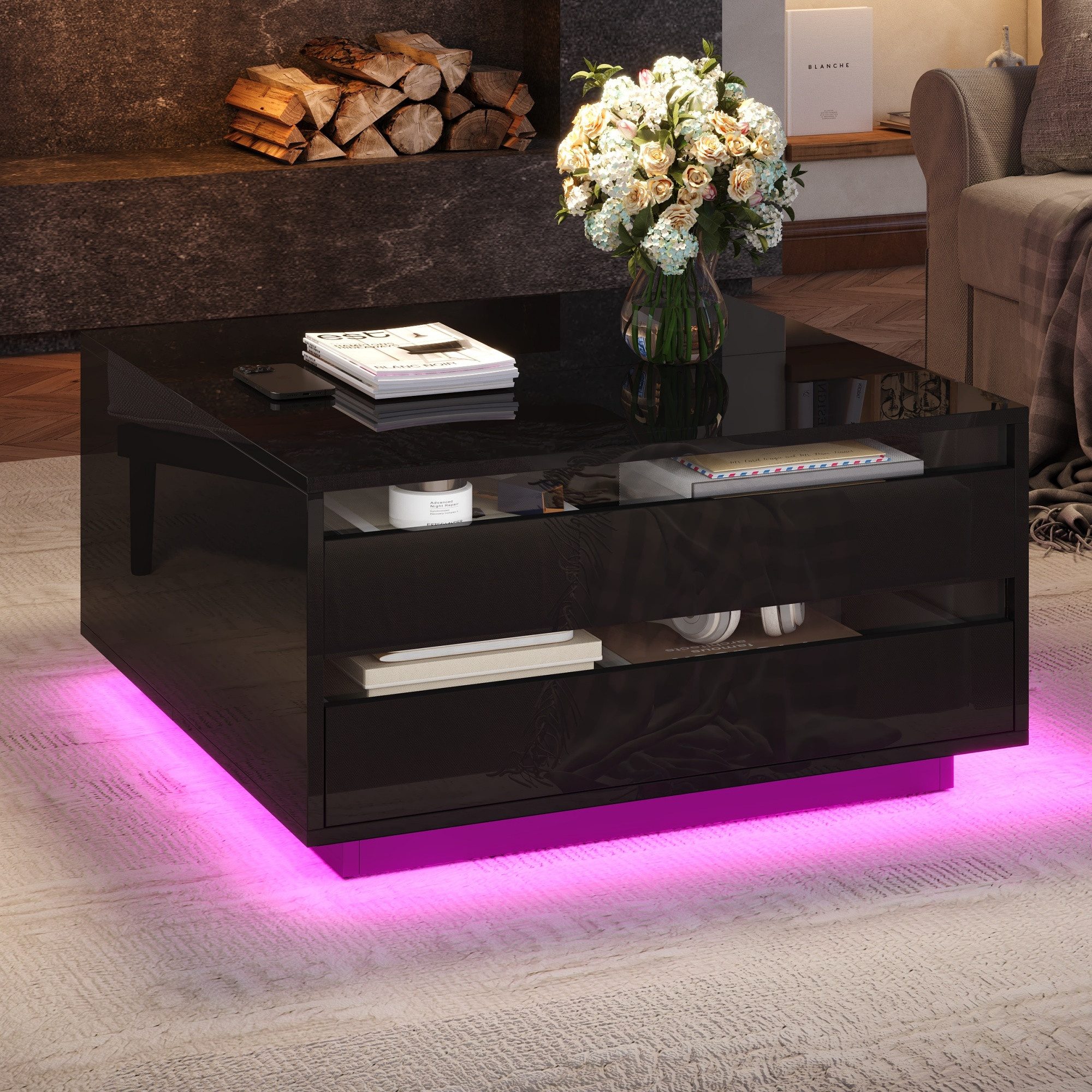 Merax Couchtisch Hochglanz Sofatisch mit Hebefunktion und LED-Acryllicht (Anhebbarer Wohnzimmertisch Kaffeetisch, 1-St., 70x70x38cm), Beistelltisch mit Schublade,verstecktem Stauraum,klappbare Tischplatte