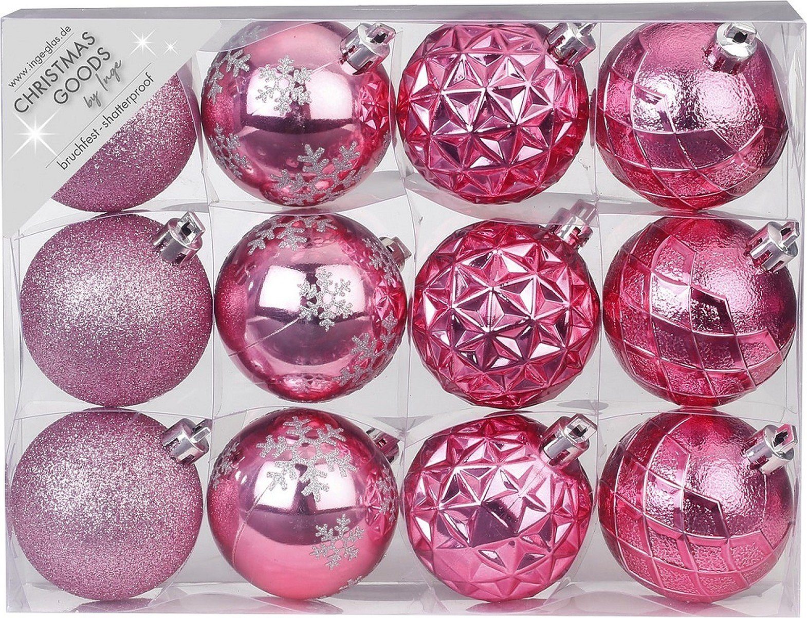 INGE-GLAS® Christbaumschmuck Inge's Weihnachtskugeln 12 Stück 6 cm Rosa, Kunststoff, bruchfest, Baumdekoration, Baumschmuck, Weihnachtsdekoration